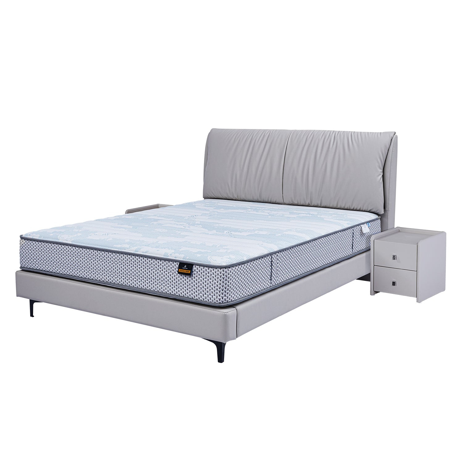 DeRUCCI Bed Frame BOC1 - 012 with sleek grey leather upholstery, paired with a blue and white patterned mattress, and a matching grey nightstand with two drawers.