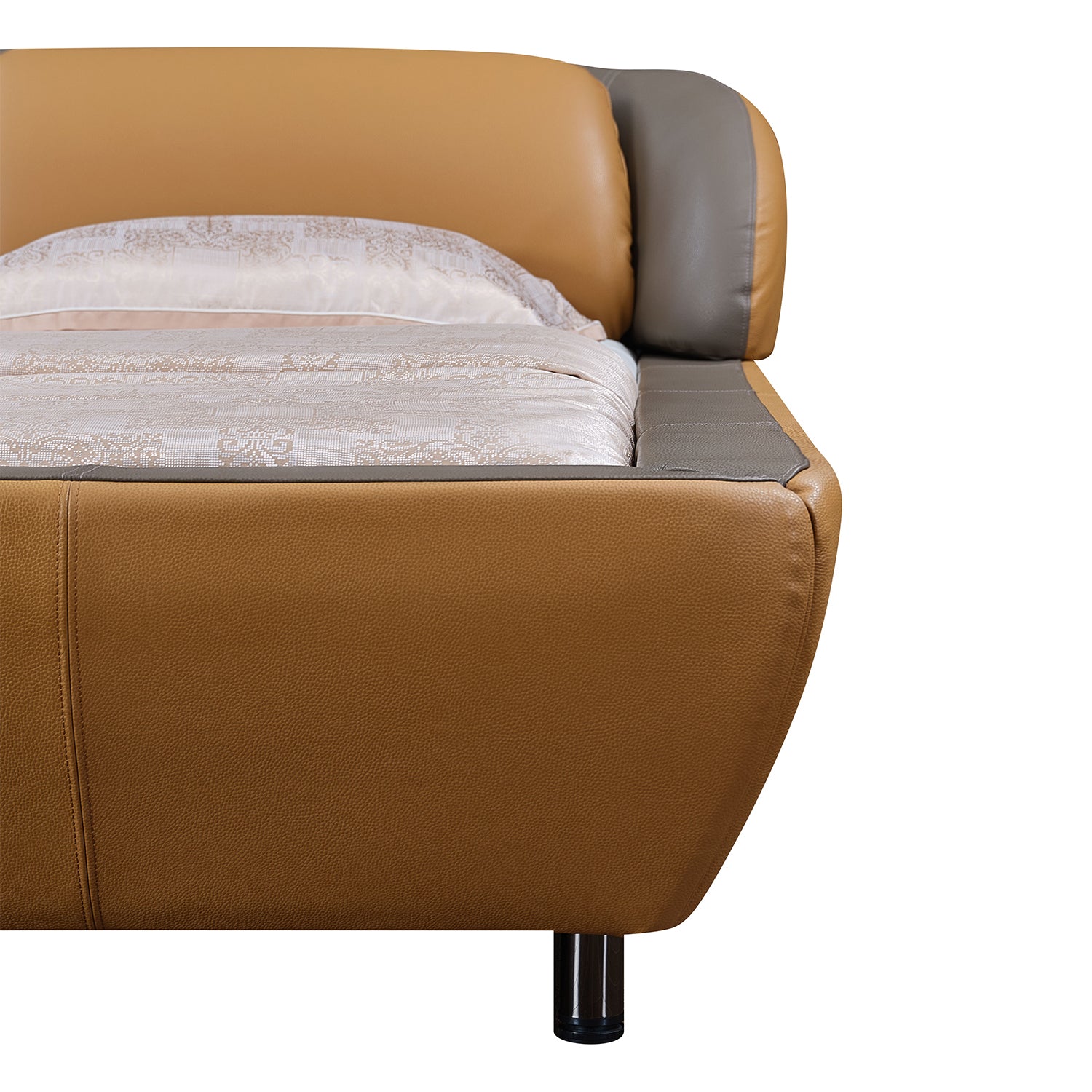 Bold orange and ash gray leather bed frame with light-colored bedding from DeRUCCI's collection, representing luxury and comfort.