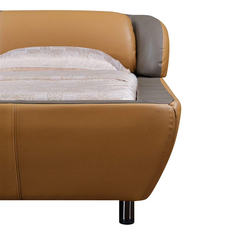 Bold orange and ash gray leather bed frame with light-colored bedding from DeRUCCI's collection, representing luxury and comfort.
