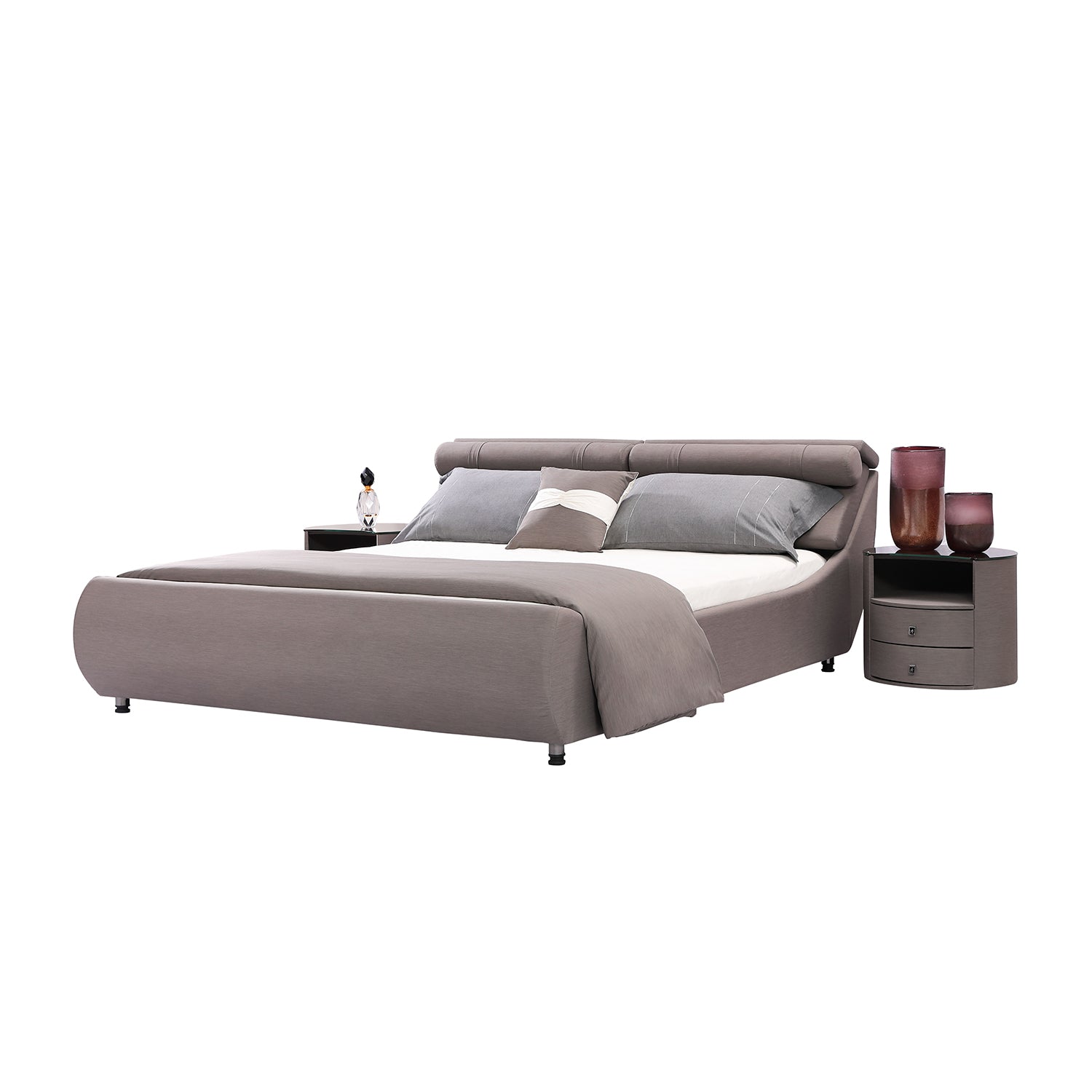 DeRUCCI Bed Frame BZZ4 - 093C with upholstered headboard, modern gray bedding, and matching round nightstands with decorative vases and sculpture