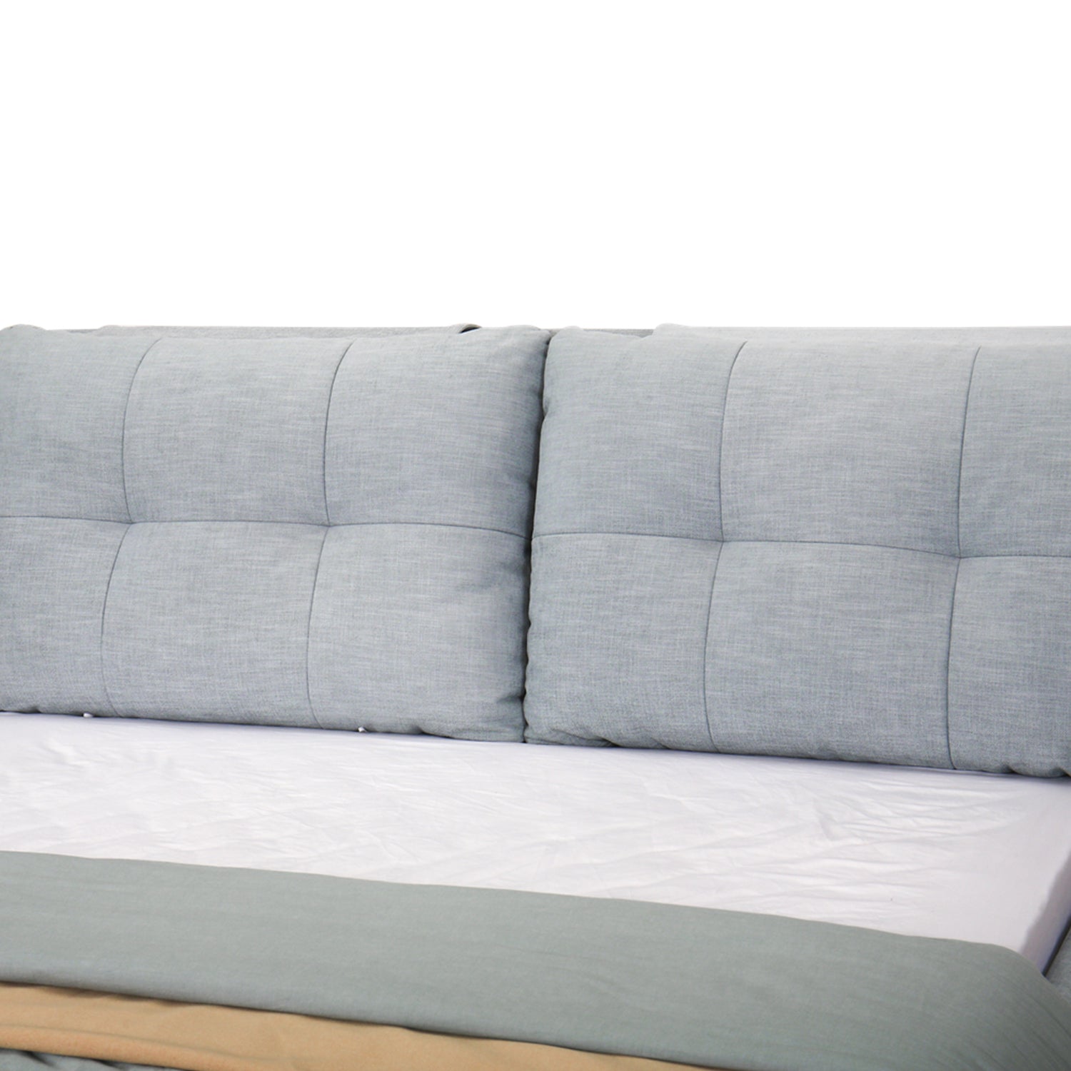 DeRUCCI Bed Frame BZZ4-285 with green double-sided cushion headboard, removable and washable. Displayed with white and beige bedding.