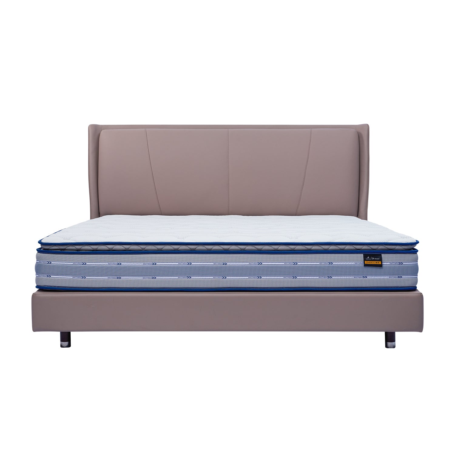 DeRUCCI beige leather bed frame with padded headboard and blue-white mattress