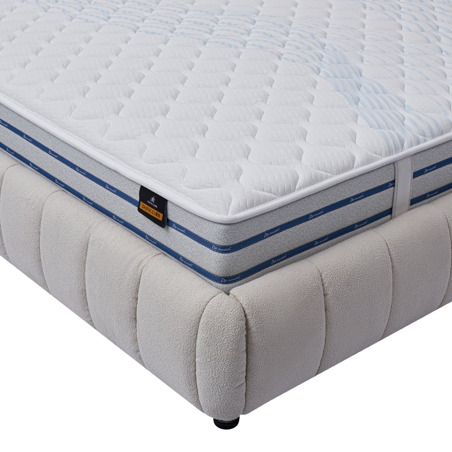 Close-up view of DeRUCCI BOC1 - 015 bed frame with white fabric upholstery and a white quilted mattress with blue stripes.