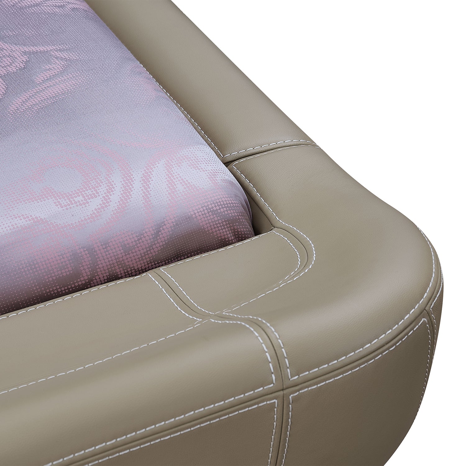 Close-up of beige leather bed frame corner with white stitching and purple patterned mattress.