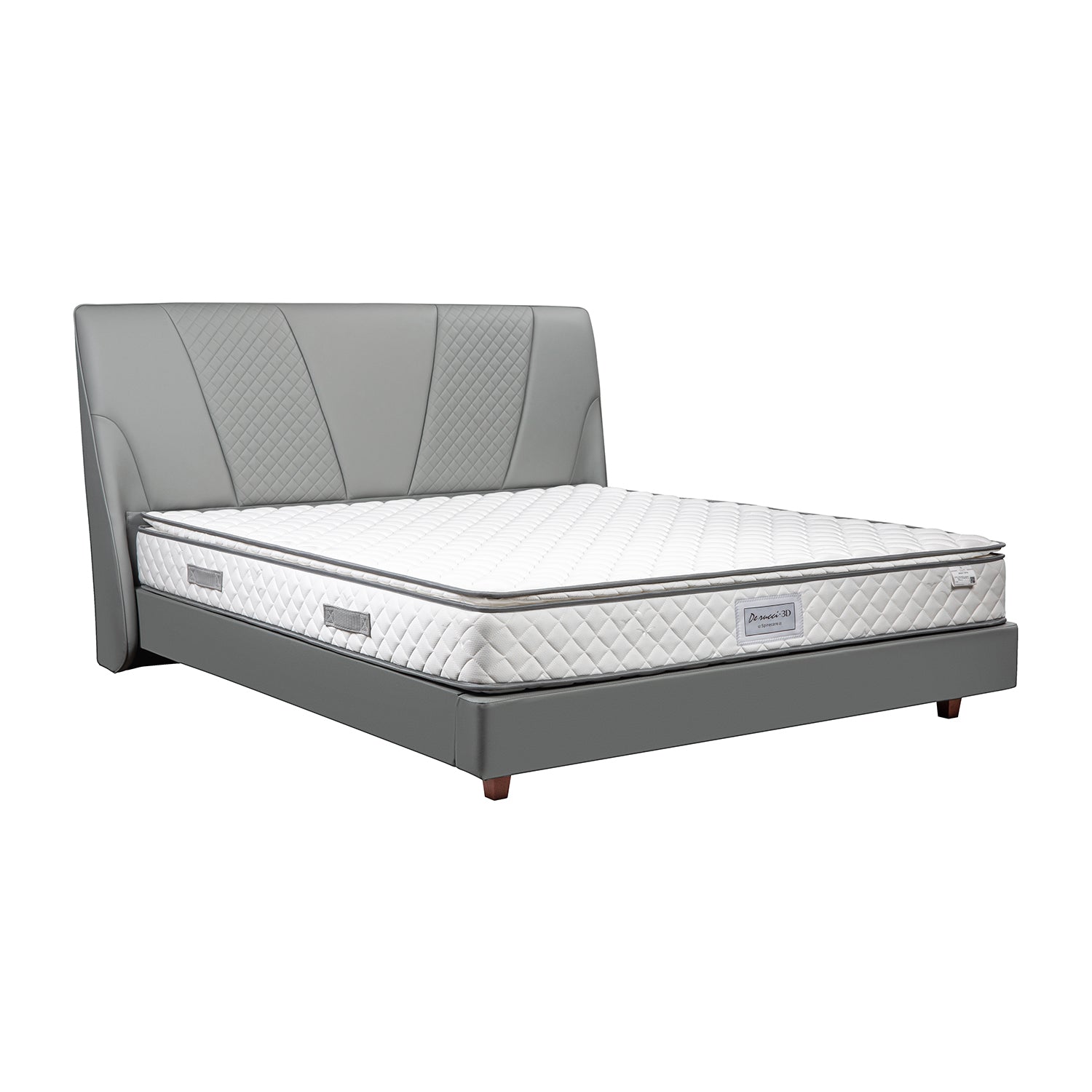 DeRUCCI Bed Frame BOC1 - 005 with grey upholstered headboard and base, paired with a white quilted mattress. Modern and sleek design for stylish bedroom.