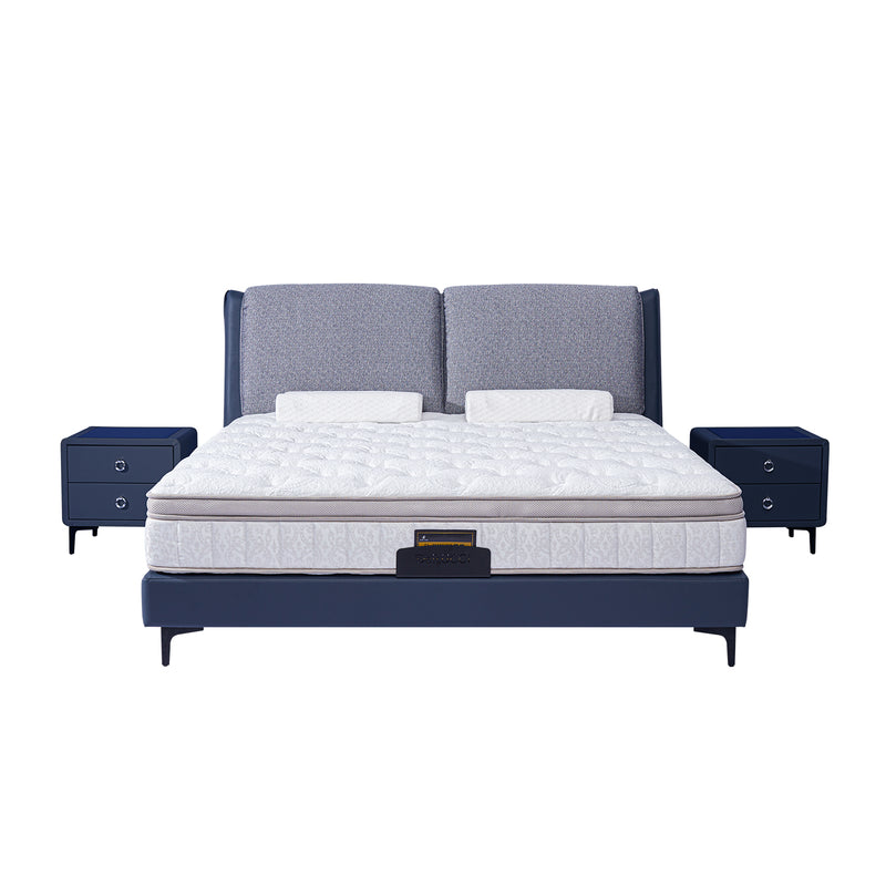 Stylish Bed Frame BOC1 - 017 with blue fabric upholstery, padded headboard, tufted white mattress, and matching blue nightstands.