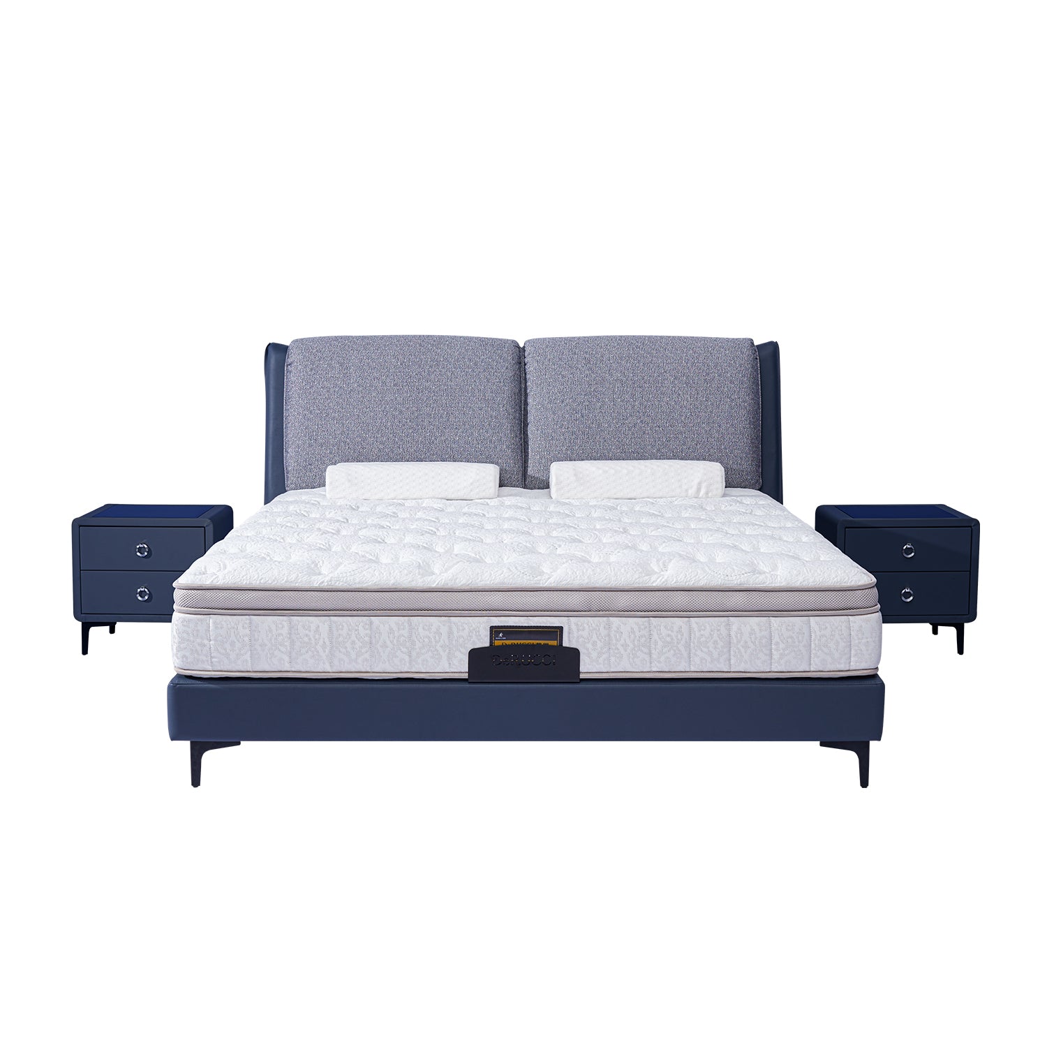 Stylish Bed Frame BOC1 - 017 with blue fabric upholstery, padded headboard, tufted white mattress, and matching blue nightstands.