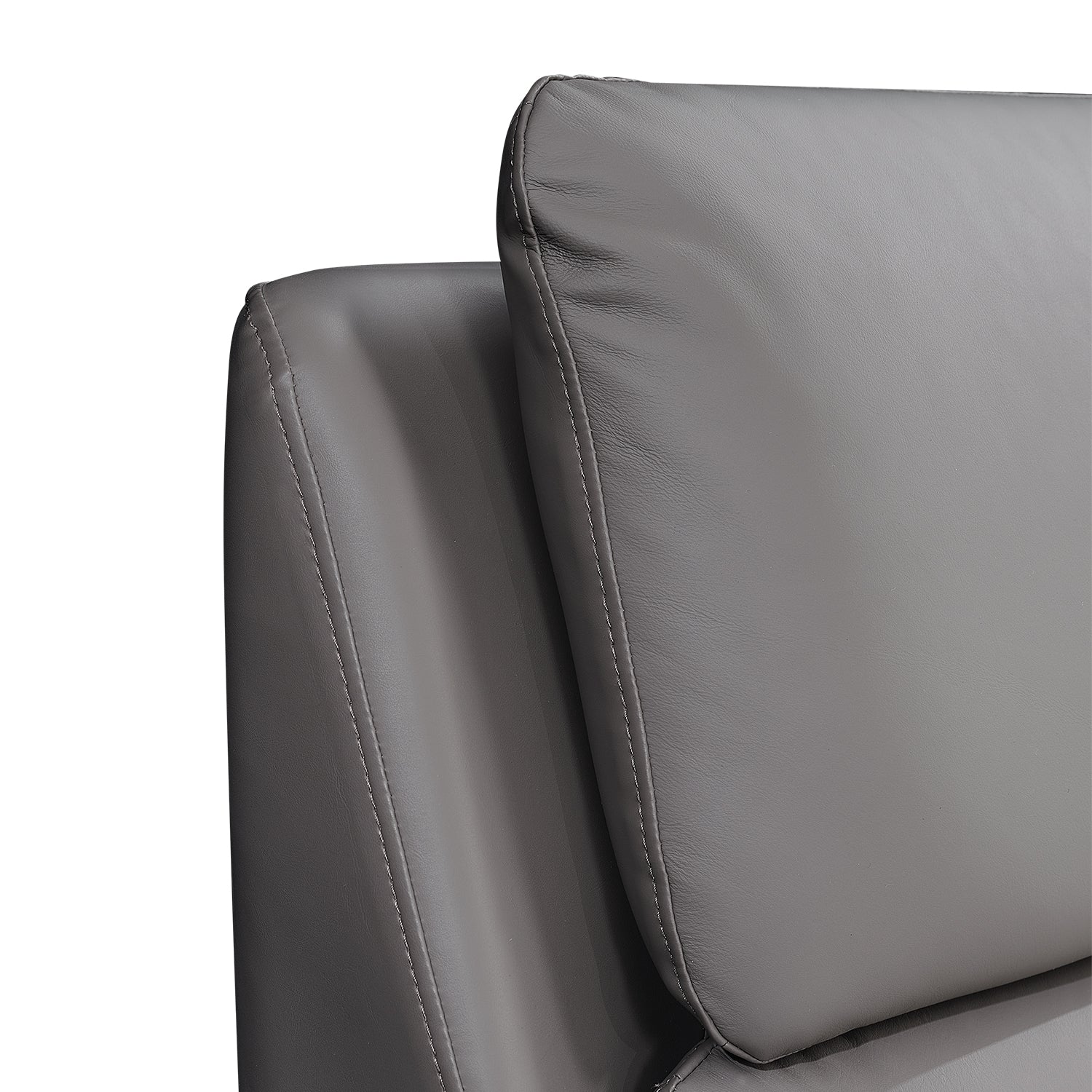 Gray leather headboard close-up from DeRUCCI's high-quality and elegant bed frame collection, showcasing smooth and plush upholstery.
