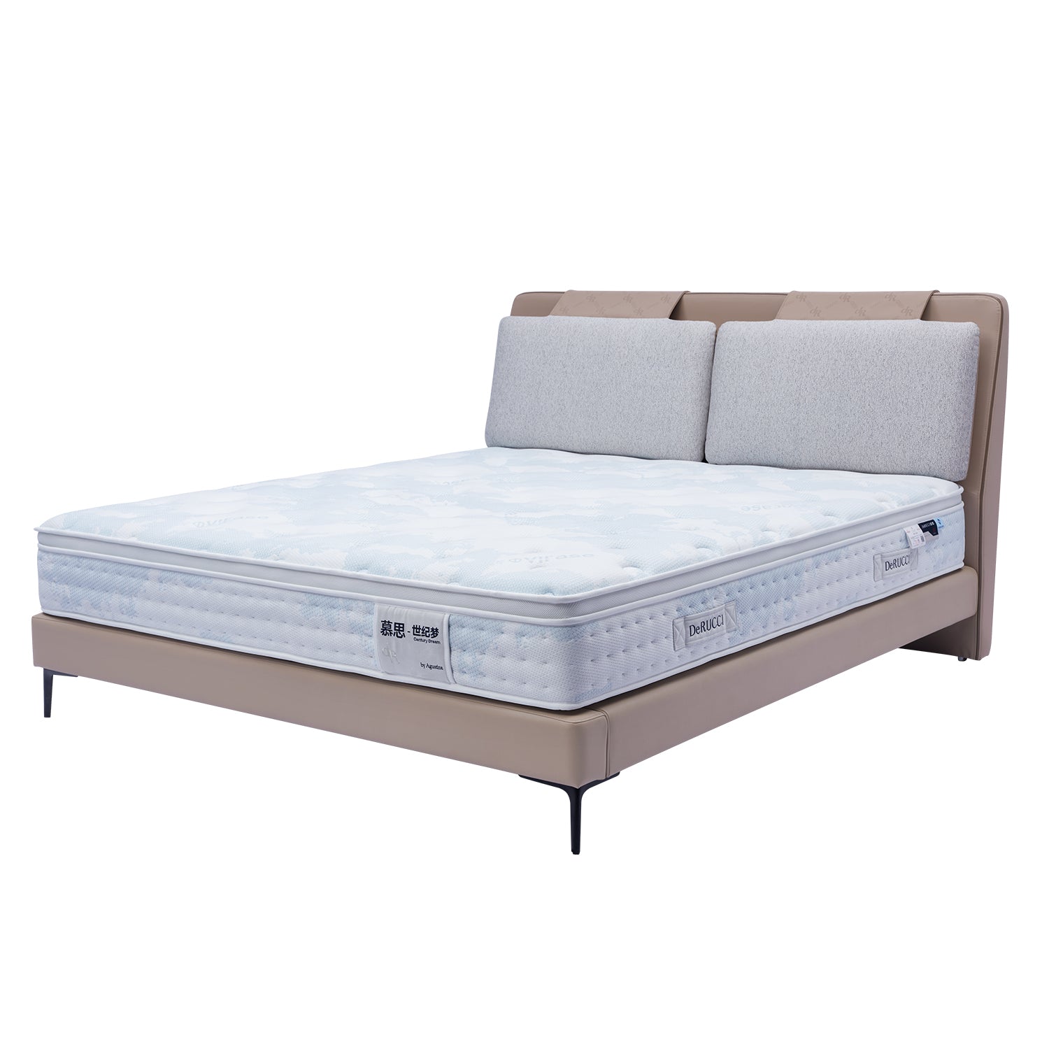 DeRUCCI bed frame BOC1-006 with beige leather base and cushioned headboard, featuring a white quilted mattress and sleek dark-colored legs