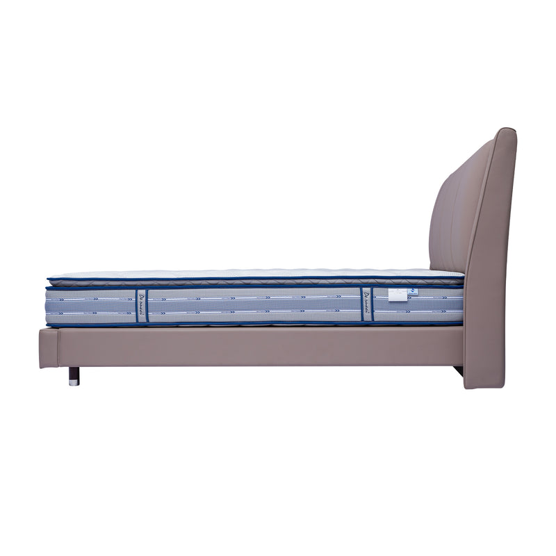 Side view of DeRUCCI Bed Frame BOC1-018, upholstered in light brown leather, showcasing a sleek modern design with a mattress.