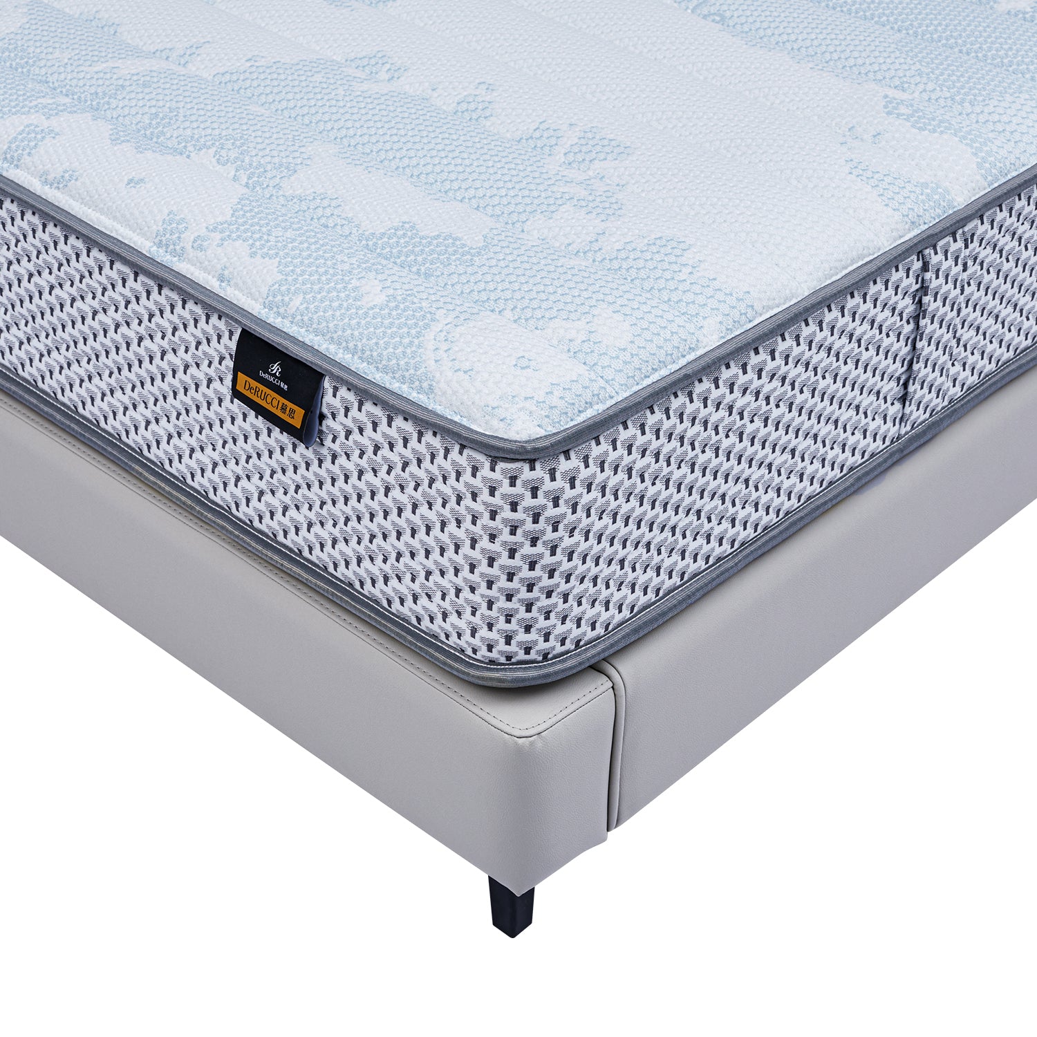 Close-up of DeRUCCI bed frame BOC1 - 012 with high-quality mattress and white leather finish