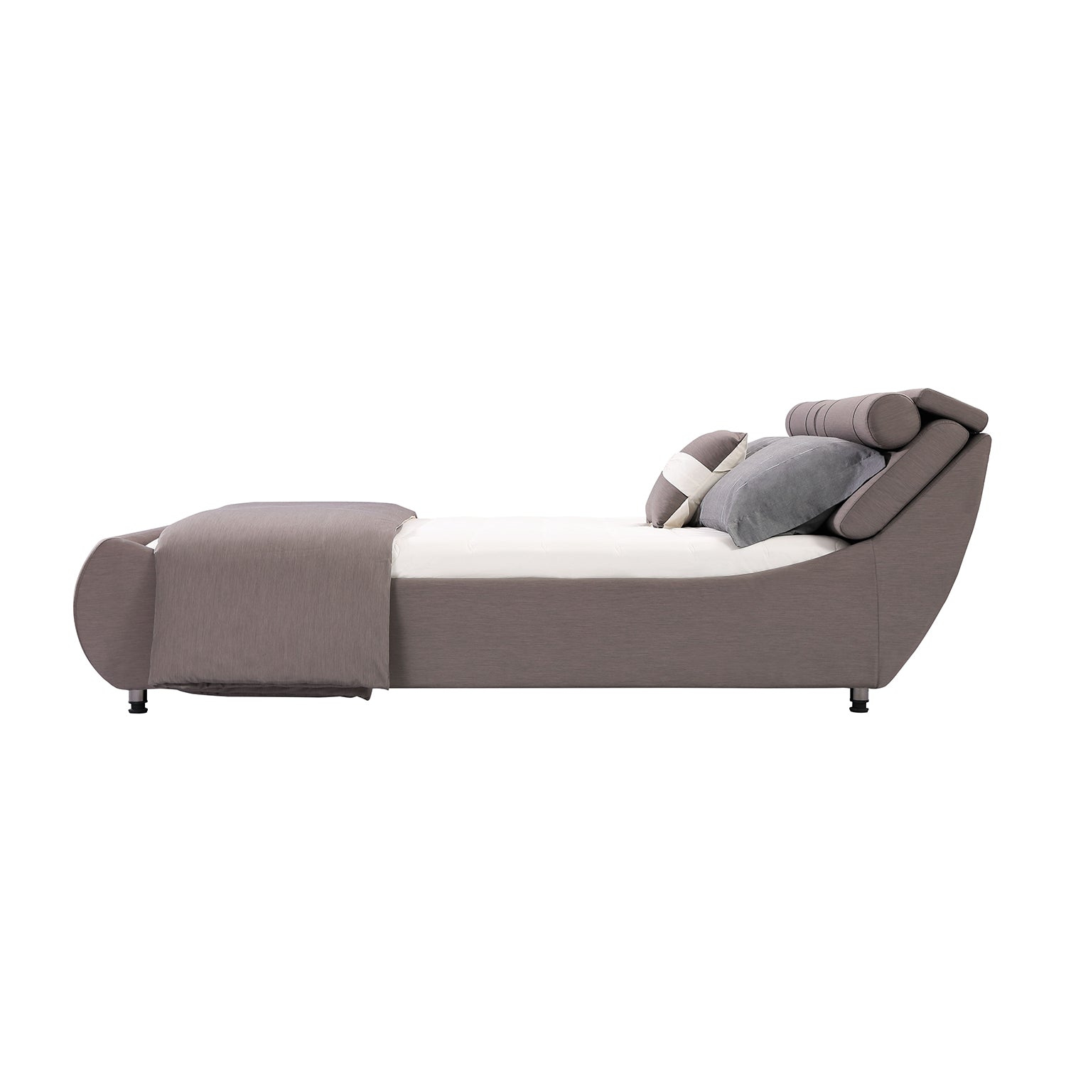 Contemporary grey fabric bed frame BZZ4 - 093C with sleek design, inspired by streamlined sailboats, featuring minimalist headboard and footboard, accessorized with matching grey and white pillows and blanket.
