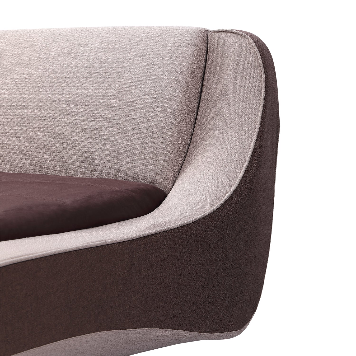 Close-up view of a modern bed frame with light beige and dark brown fabric, showcasing its sleek and curvy design.