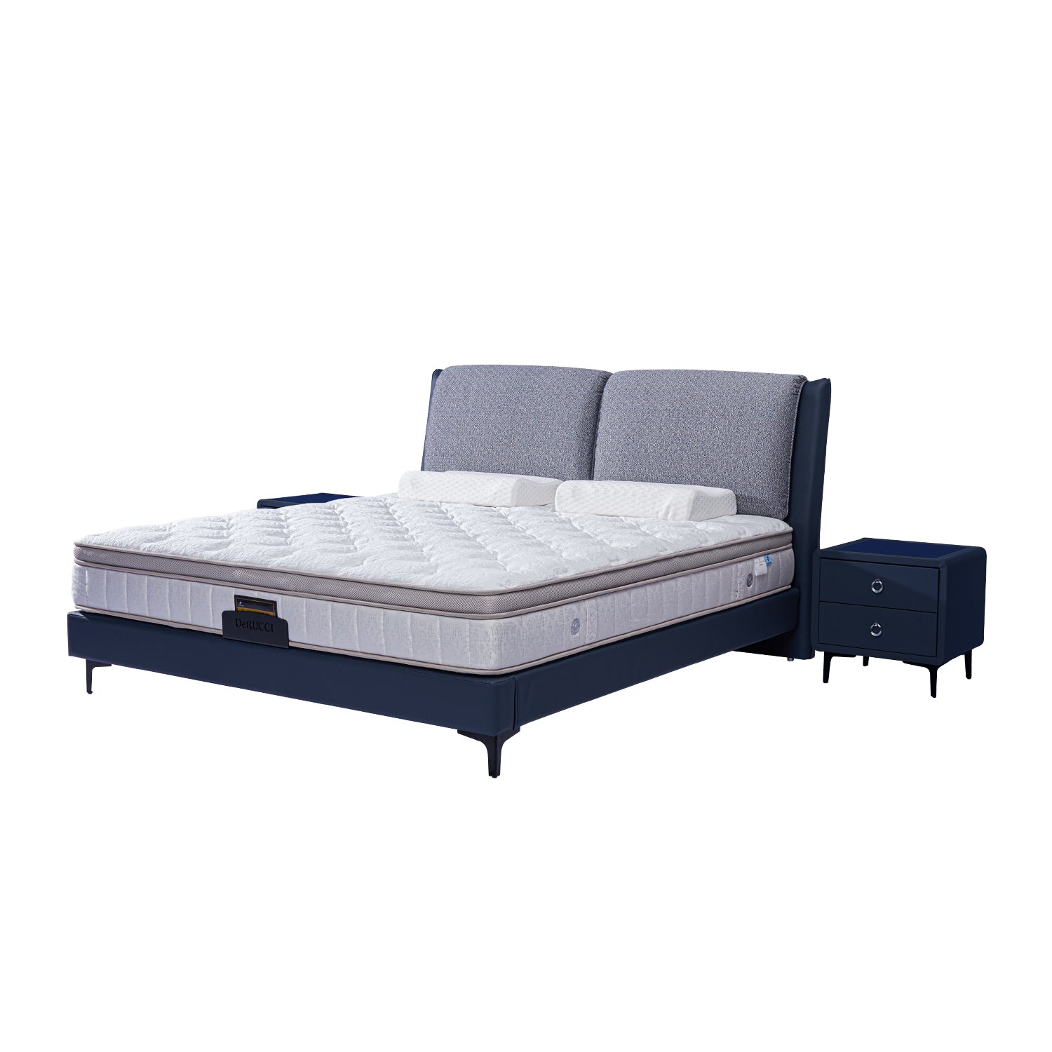 DeRUCCI Bed Frame BOC1 - 017 with gray upholstered headboard and mattress, dark-colored bed frame, and matching nightstand with two drawers.