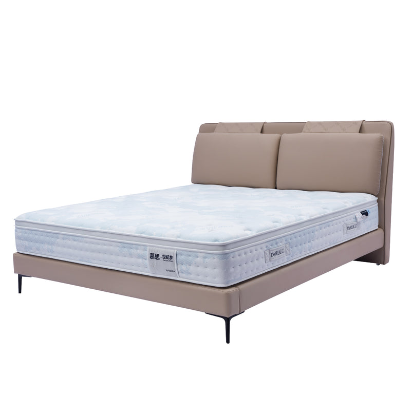 Bed Frame BOC1 - 006 with beige leather headboard and comfortable mattress, designed for sturdiness and elegance by DeRUCCI