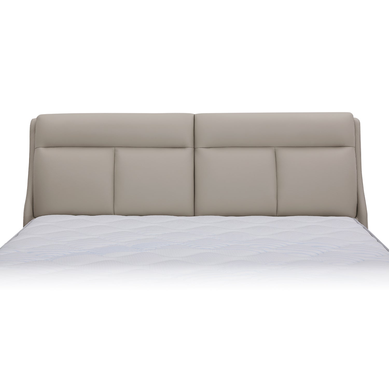 Beige leather bed frame with padded headboard and modern geometric design from DeRUCCI Bed Frame BOC1 - 002 collection.
