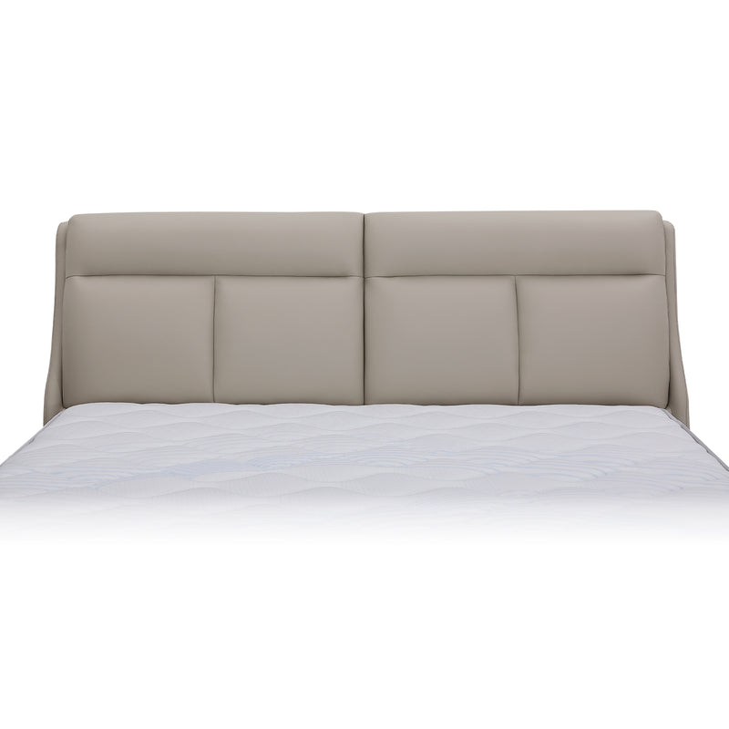 Beige leather bed frame with padded headboard and modern geometric design from DeRUCCI Bed Frame BOC1 - 002 collection.
