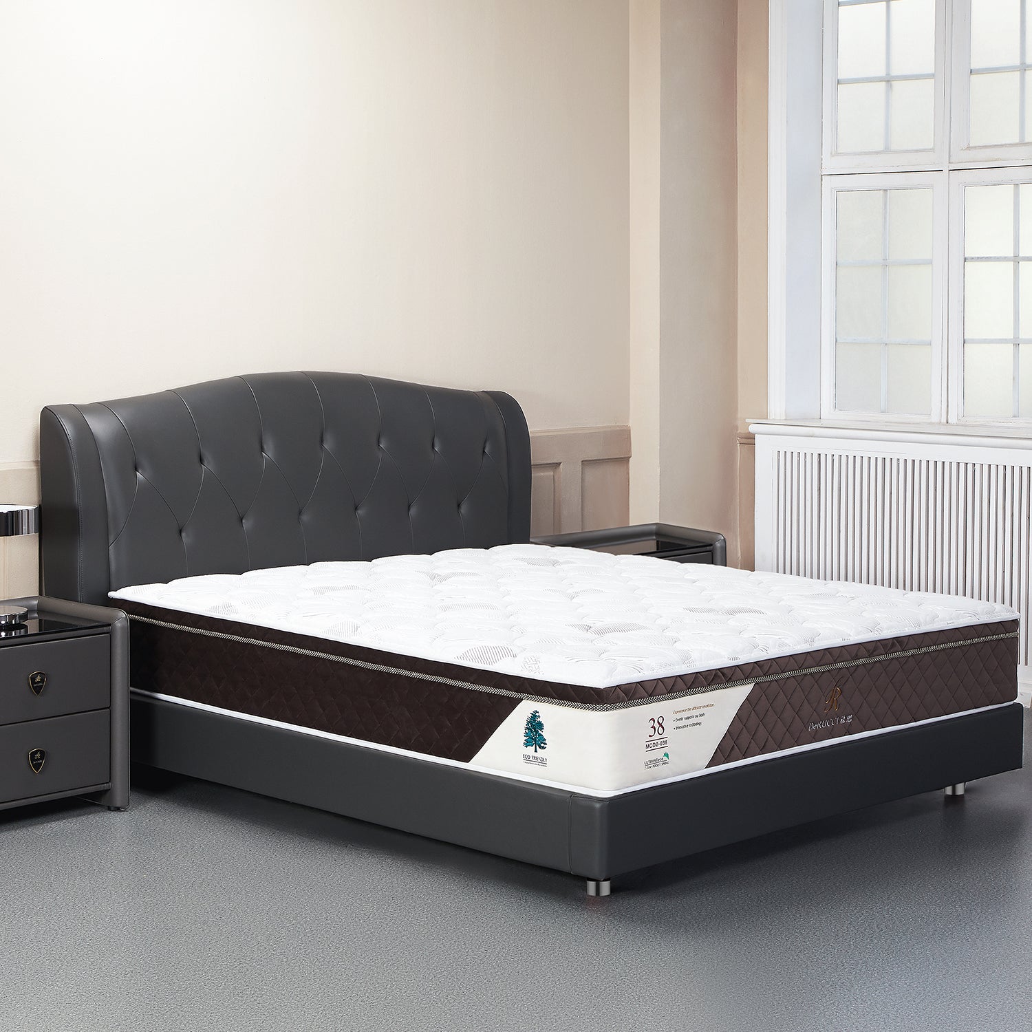 Elegant bedroom setup with a black leather tufted bed frame and white mattress, complemented by dark bedside tables. Inspired by Swan Lake and Baroque, showcasing contemporary European design.