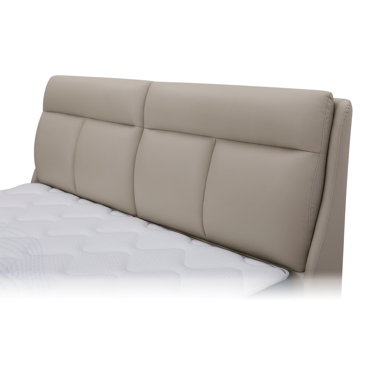 DeRUCCI Bed Frame BOC1 - 002 headboard in top layer leather, featuring a padded, segmented design with a visible mattress.