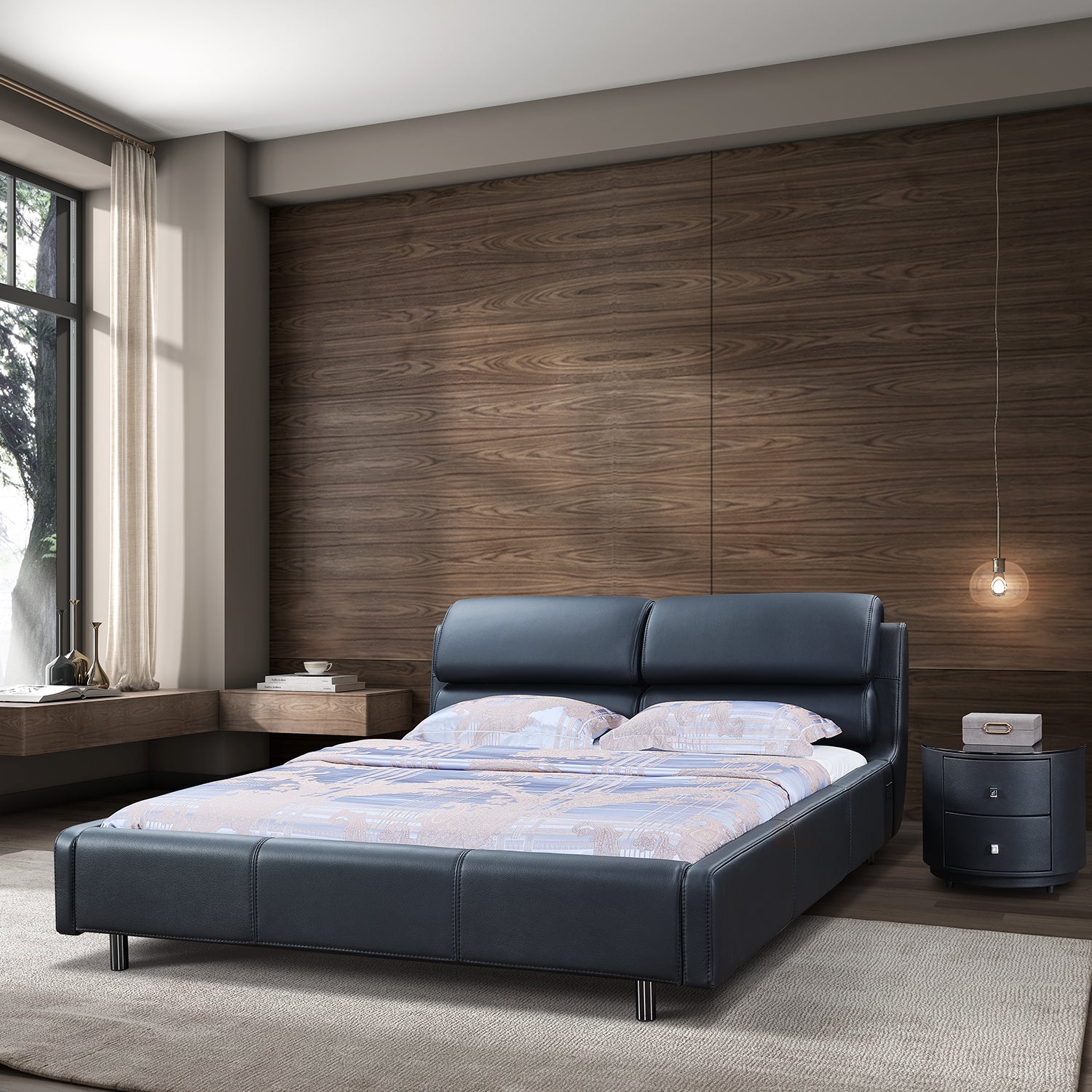 Elegant Bed Frame BZZ4-038 in black leather with two pillows and light-colored duvet, set in a modern bedroom with wooden accent wall, beige curtains, side table, and round nightstand with hanging light.