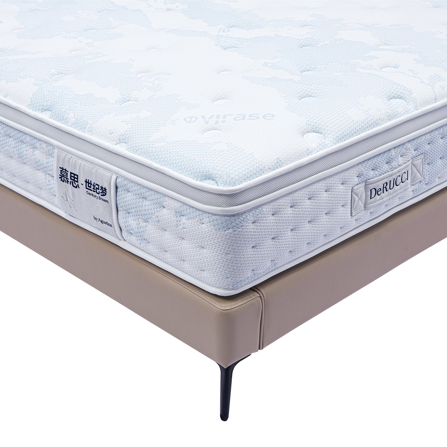 Close-up of DeRUCCI mattress on beige leather bed frame with visible labels including 'DeRUCCI' and 'Wifase'.