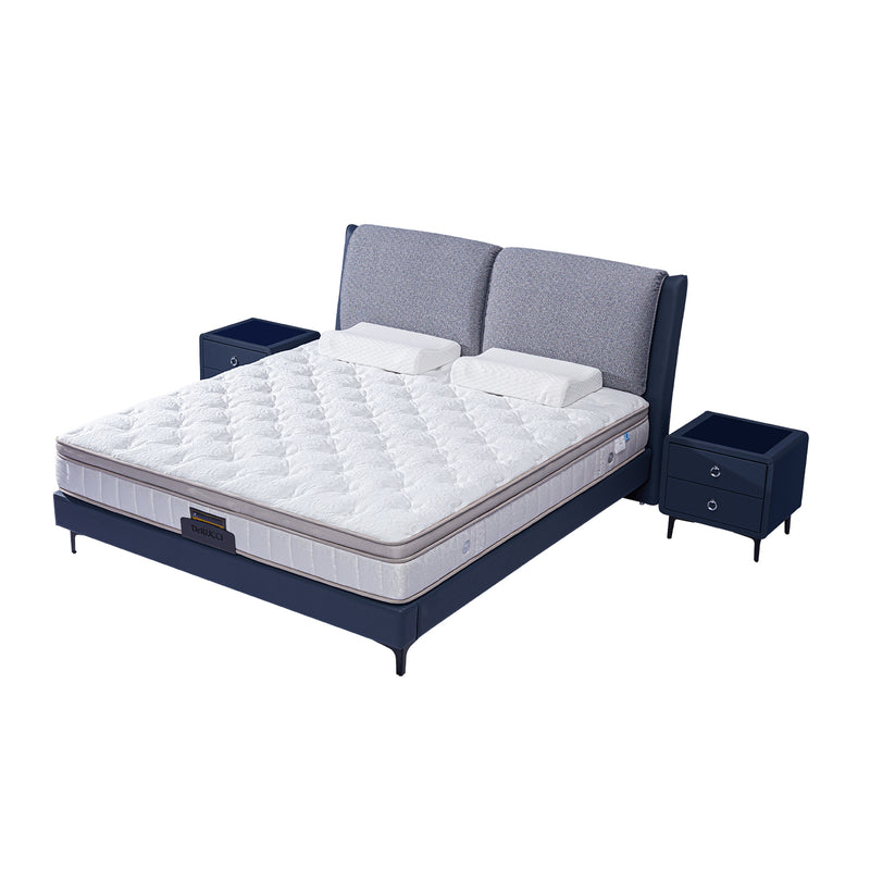 Modern bed frame with white mattress and pillows, dark blue upholstered headboard, accompanied by two matching dark blue nightstands, representing a sleek and elegant bedroom setup from DeRUCCI.