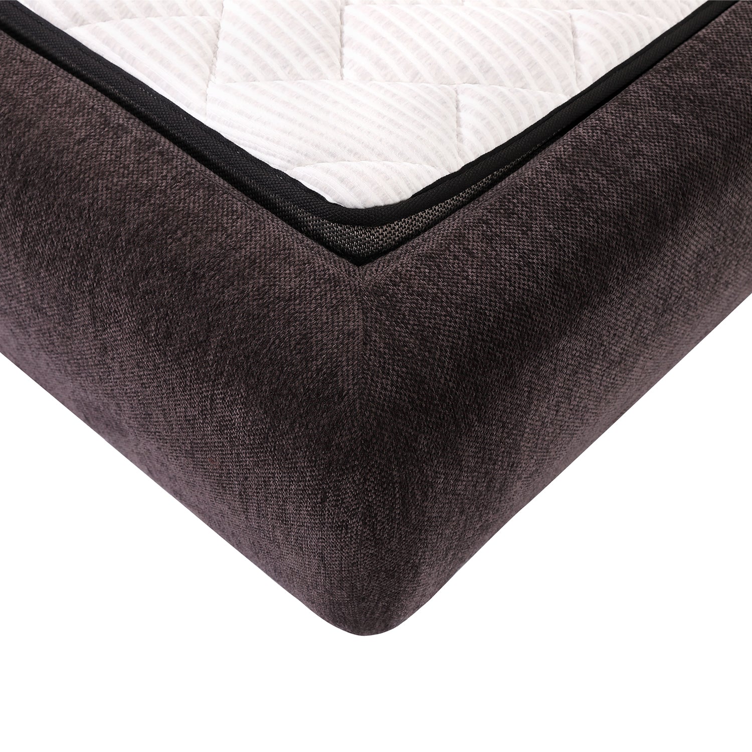 Close-up of Bed Frame BZZ4 - 117 corner with dark fabric upholstery and soft cushion with quilted white cover.