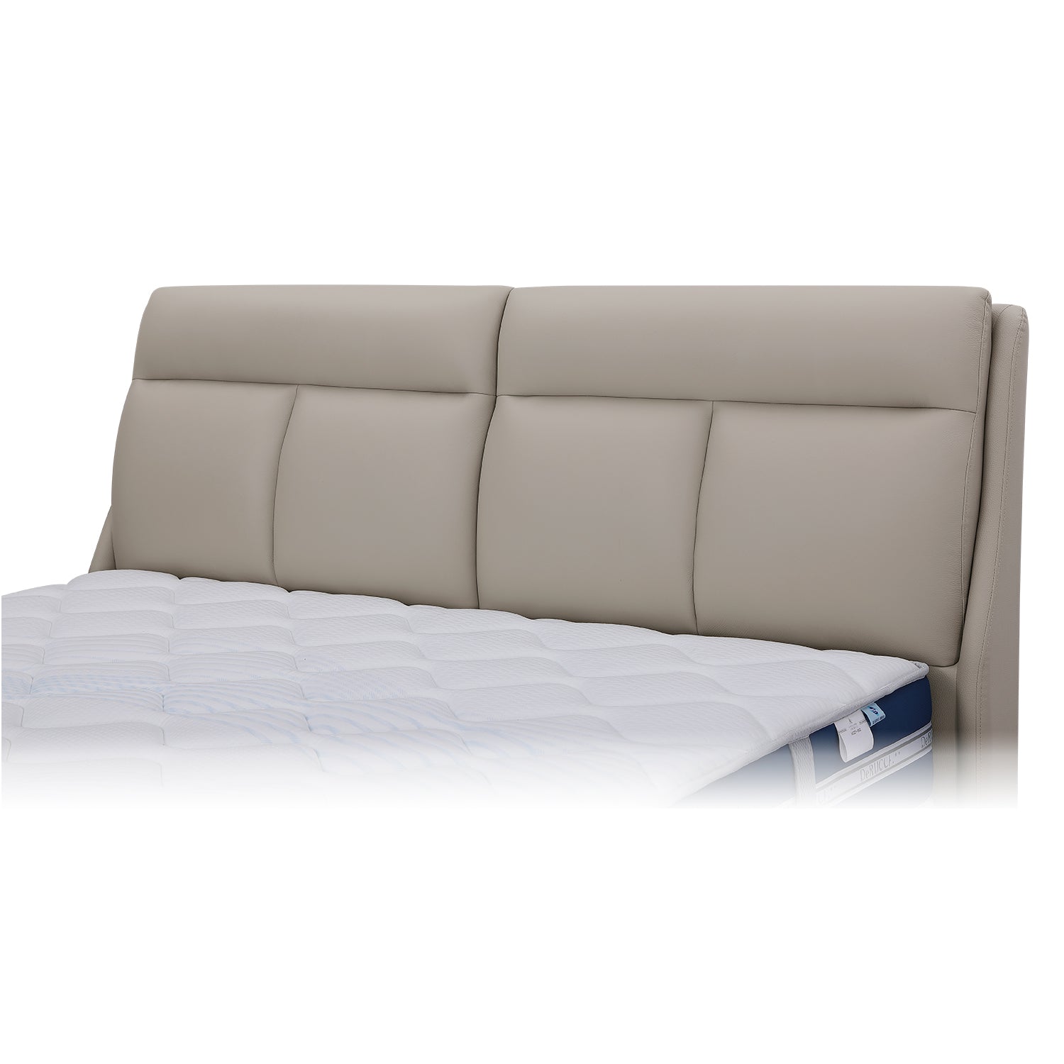 Beige leather bed frame headboard with white mattress from DeRUCCI Bed Frame BOC1 - 002, showcasing modern and elegant design.