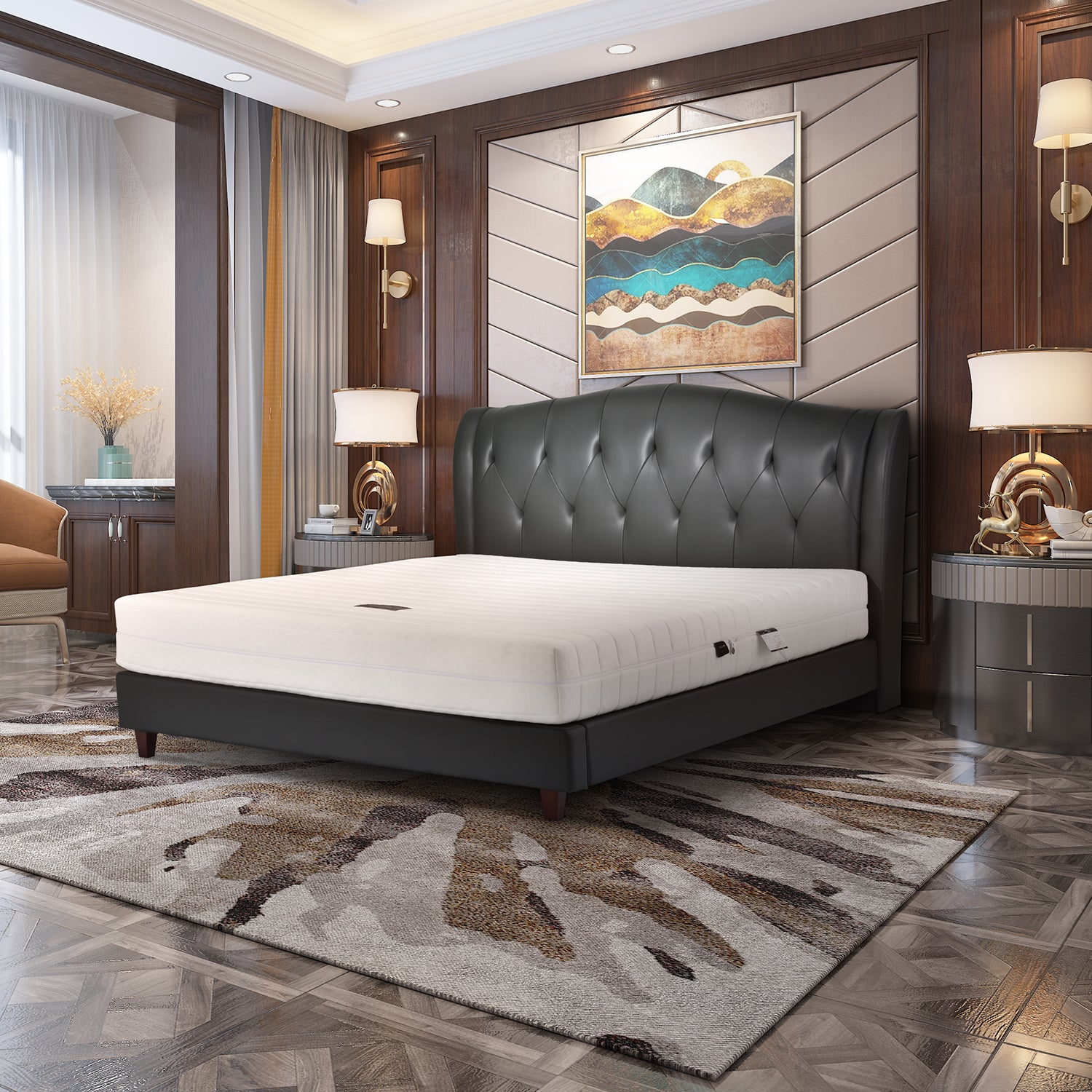 Modern bedroom featuring DeRUCCI Bed Frame BZZ4 - 045 with black leather tufted headboard, elegant bedside tables, and contemporary artwork.