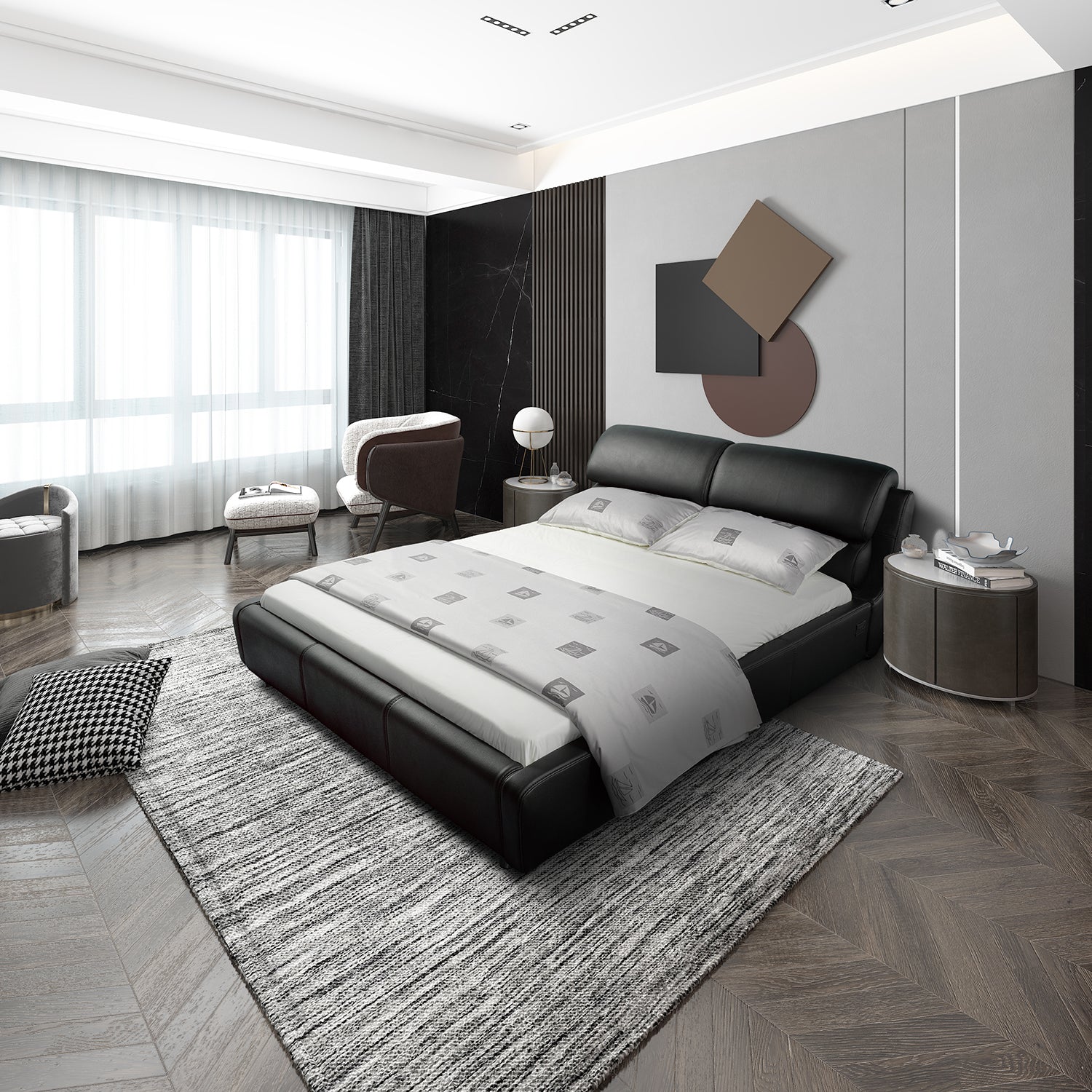 DeRUCCI Bed Frame BZZ4 - 038 in a modern, elegant bedroom with premium cow leather, plush cushions, and sophisticated decor inspired by first-class airliner travel.