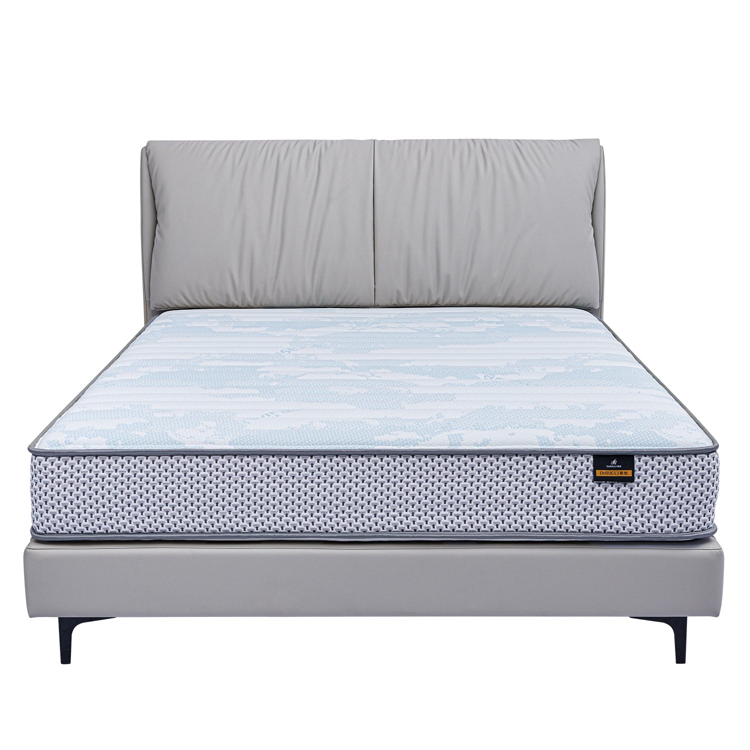 DeRUCCI BOC1 - 012 bed frame in light grey fabric with cushioned headboard and patterned mattress, showcasing modern and sturdy design for comfortable sleeping experience.