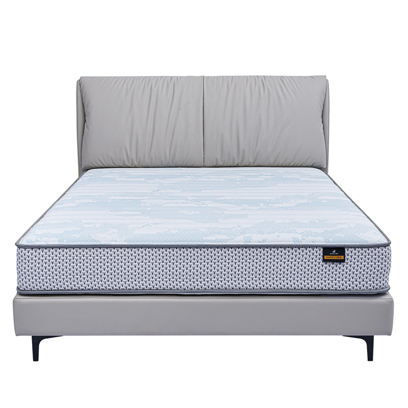 DeRUCCI BOC1 - 012 bed frame in light grey fabric with cushioned headboard and patterned mattress, showcasing modern and sturdy design for comfortable sleeping experience.