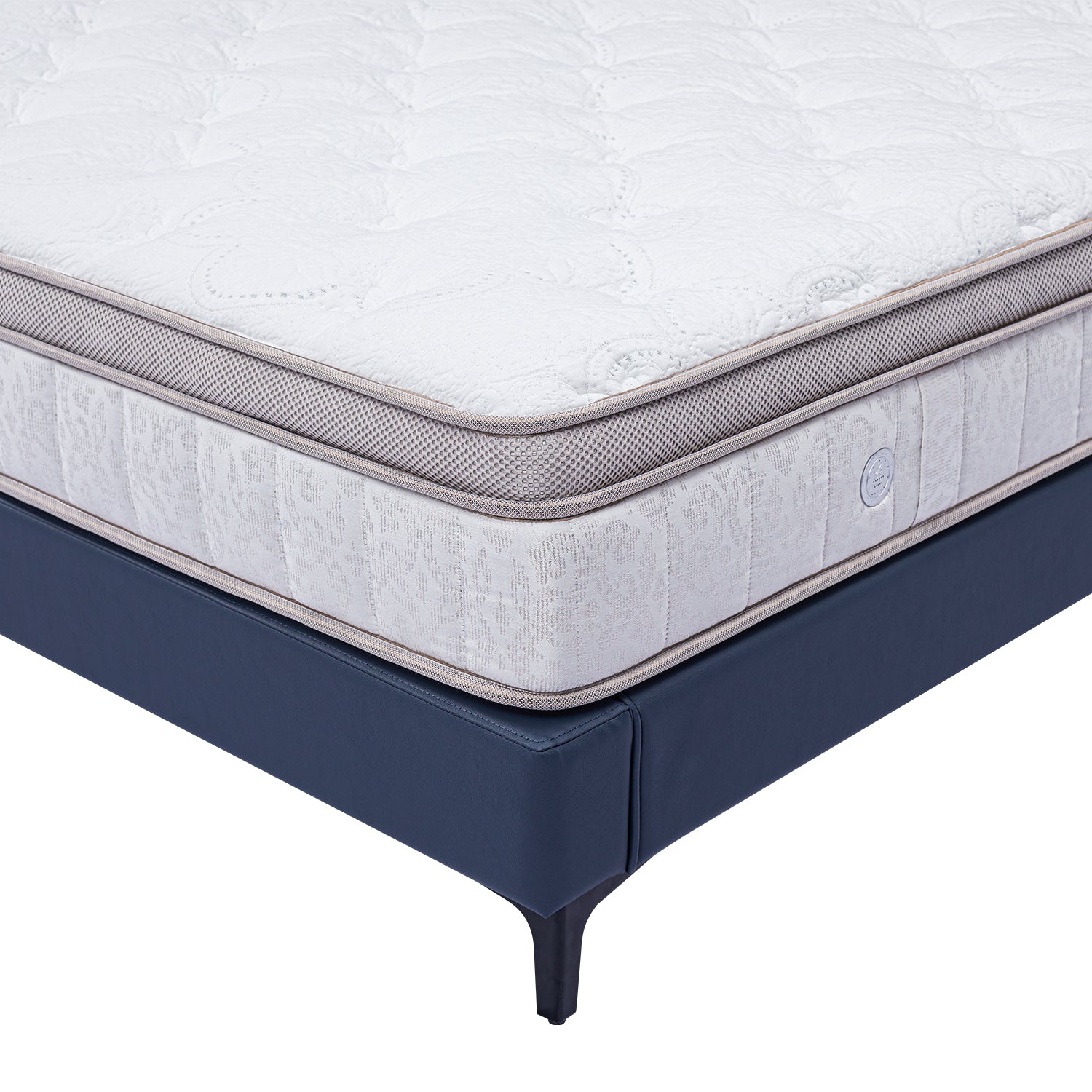 DeRUCCI Bed Frame BOC1 - 017 with a white quilted mattress, dark blue sturdy frame.