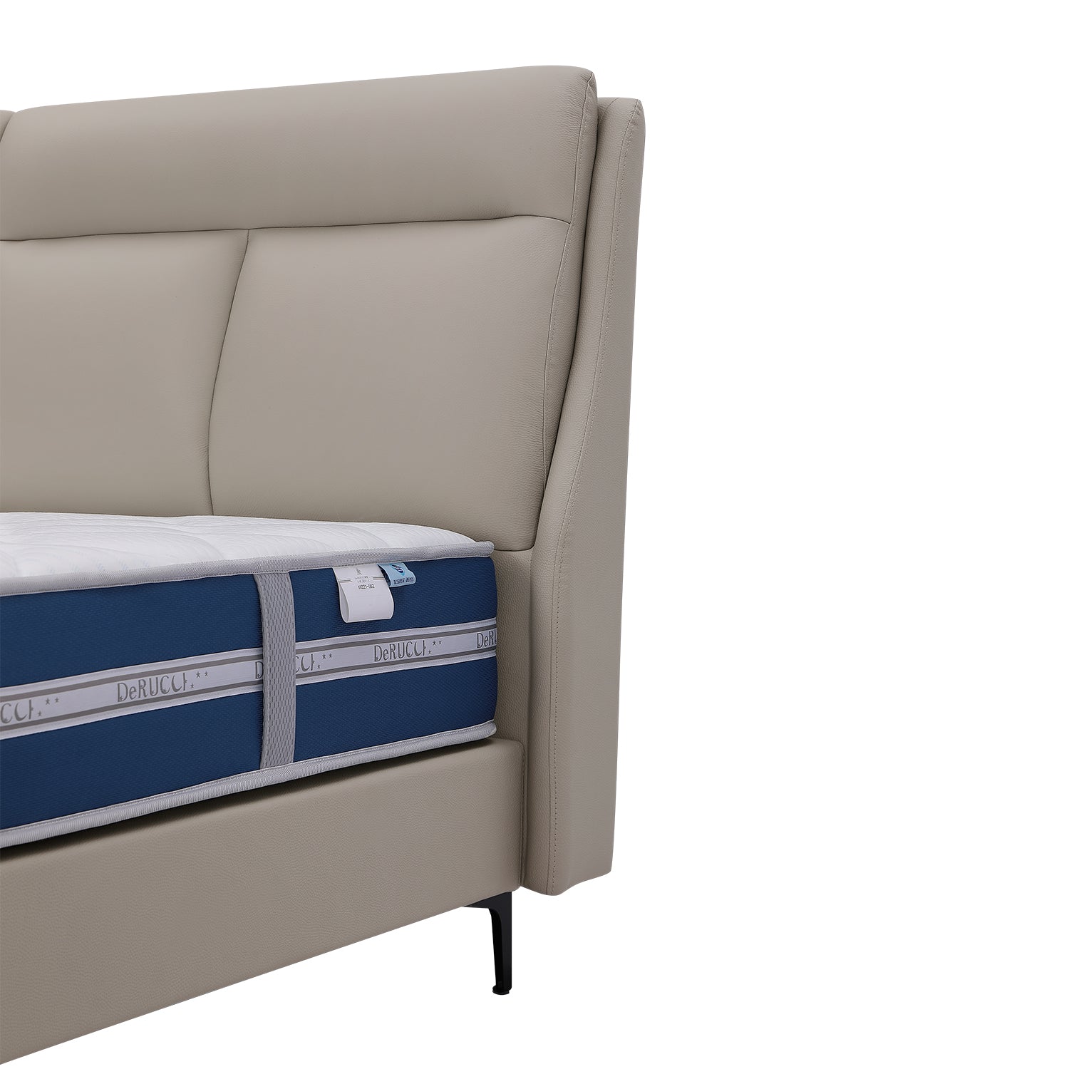 DeRUCCI Bed Frame BOC1 - 002 with beige leather upholstery and blue mattress