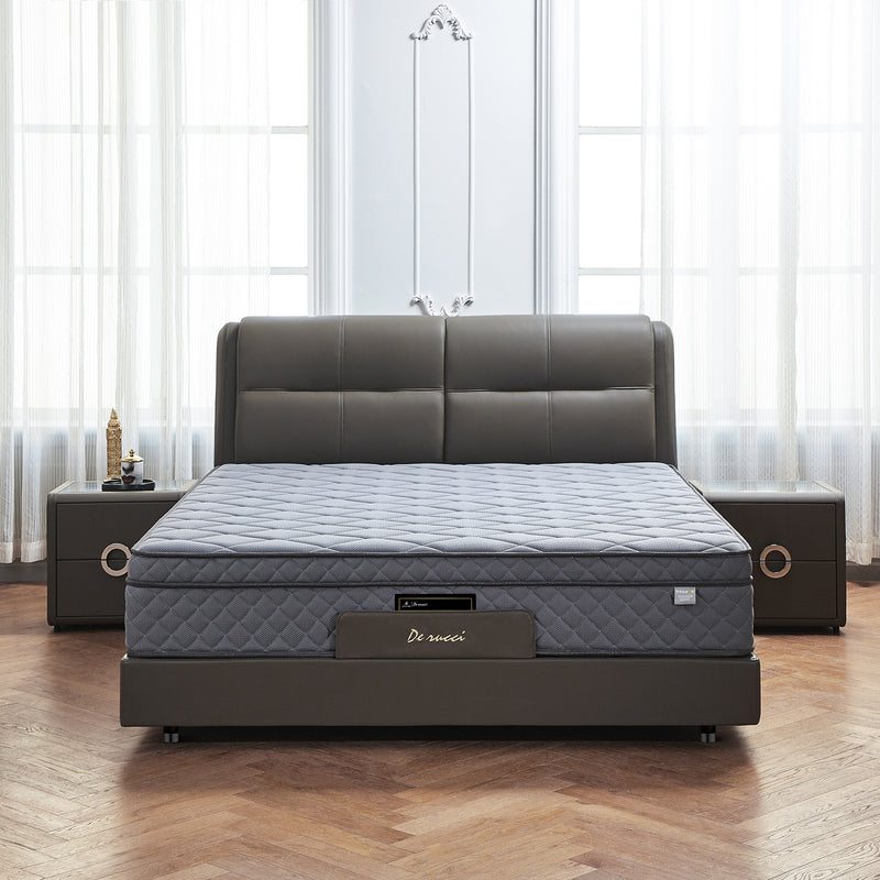 DeRUCCI bed frame BZZ4 - 243 with dark leather upholstery and grey quilted mattress, minimalist design with matching bedside tables, high-quality bedroom furniture.