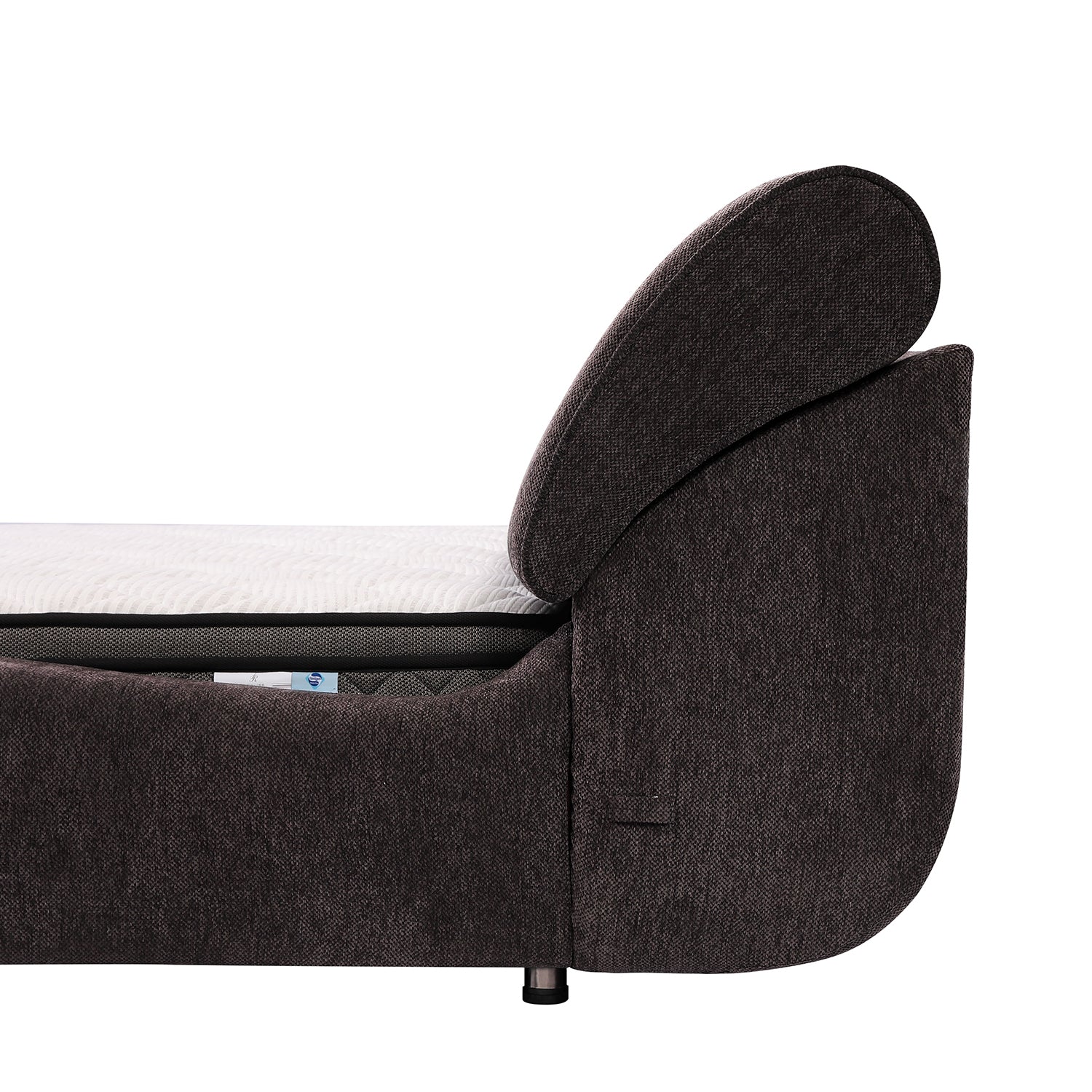 Side view of DeRUCCI Bed Frame BZZ4 - 117 with dark fabric upholstery, thick cushion, and part of the mattress visible.