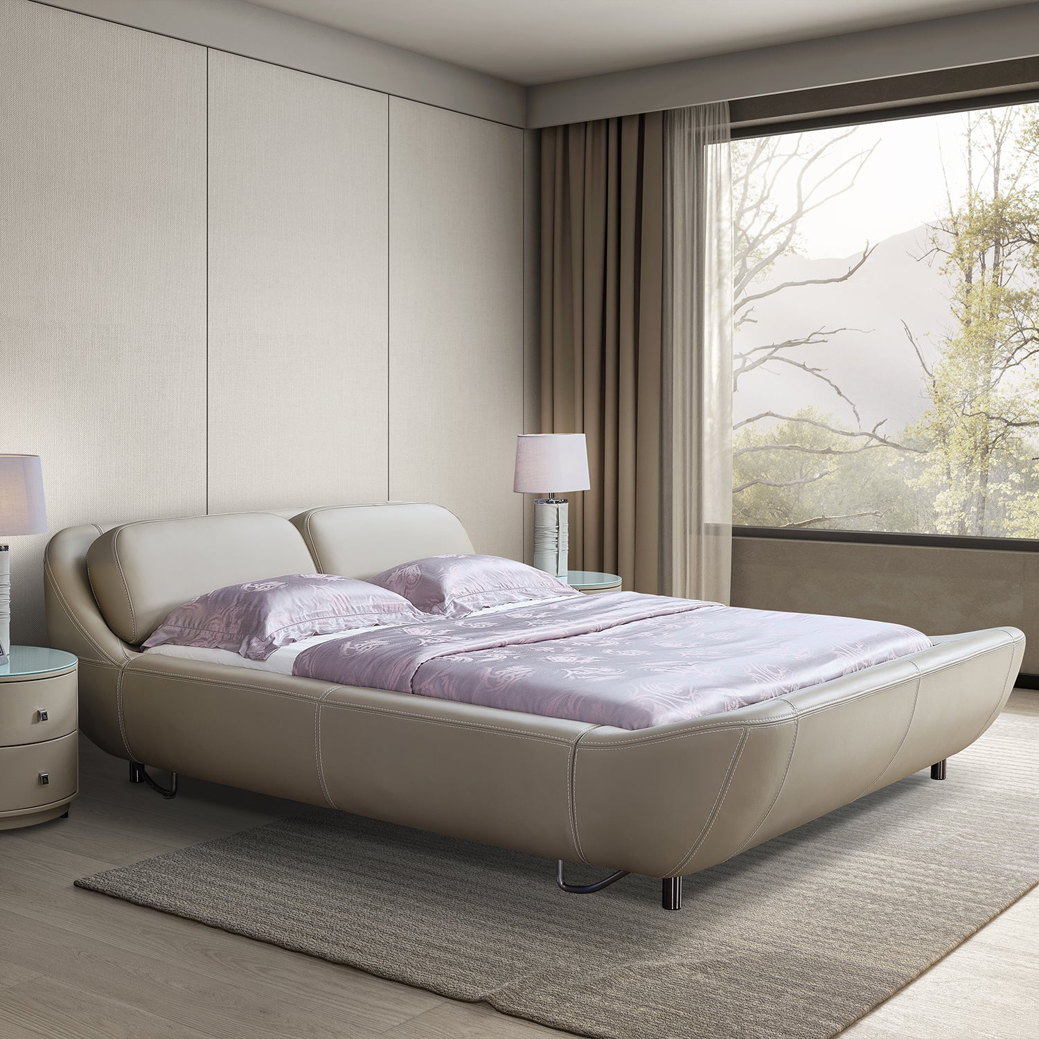 DeRUCCI Bed Frame BZZ4-024 in a modern bedroom setting, featuring a round beige leather design with light purple sheets and pillows, large window with beige curtains, and a serene view of trees outside.