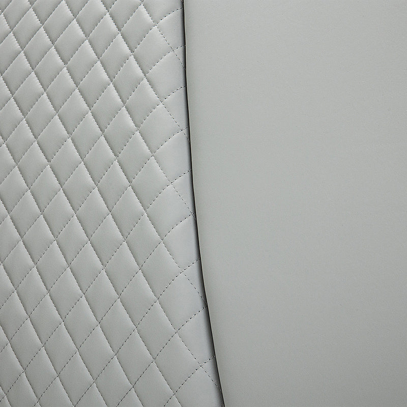 Close-up of quilted diamond pattern on light grey leather bed frame, showcasing texture and design of Bed Frame BOC1 - 005 by DeRUCCI