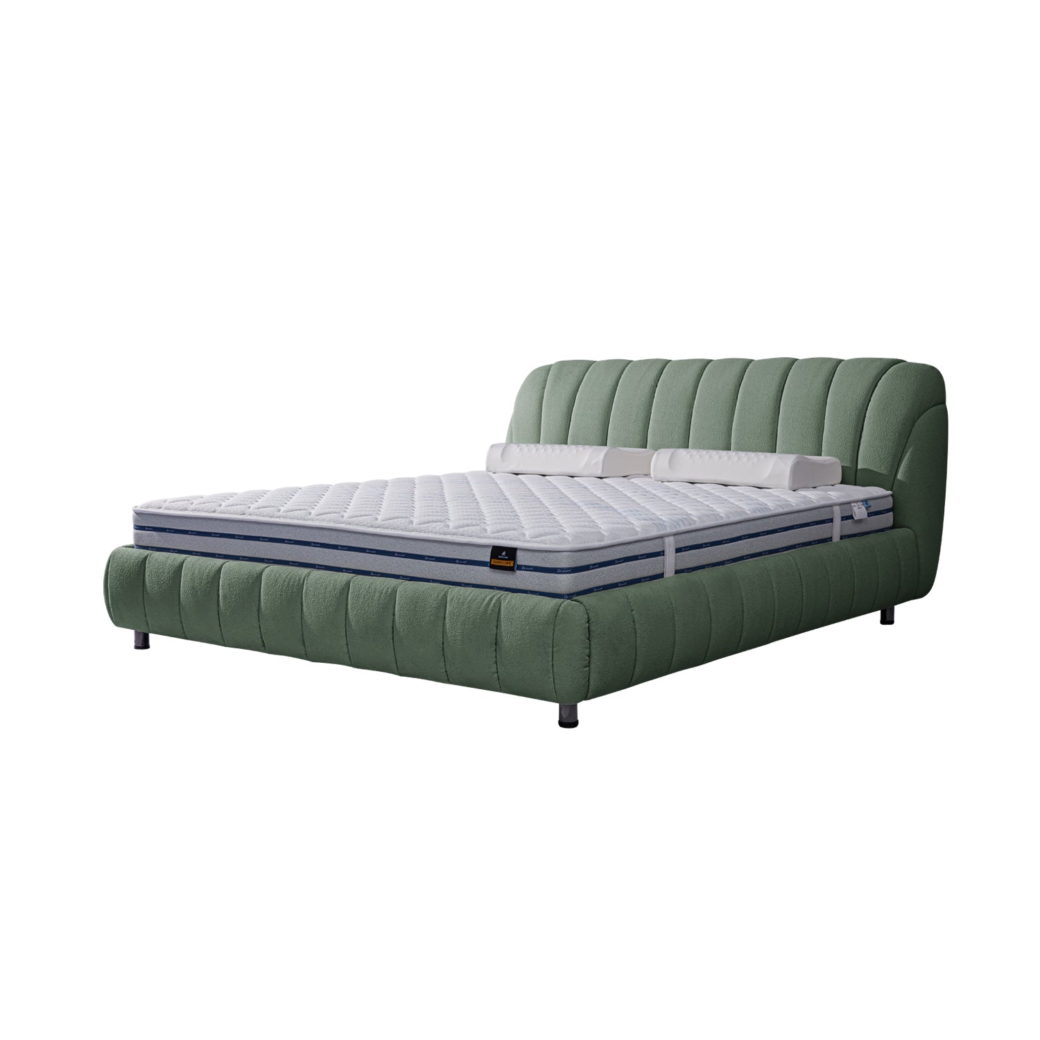 DeRUCCI BOC1-015 green fabric bed frame with plush headboard and white mattress featuring gray and blue accents