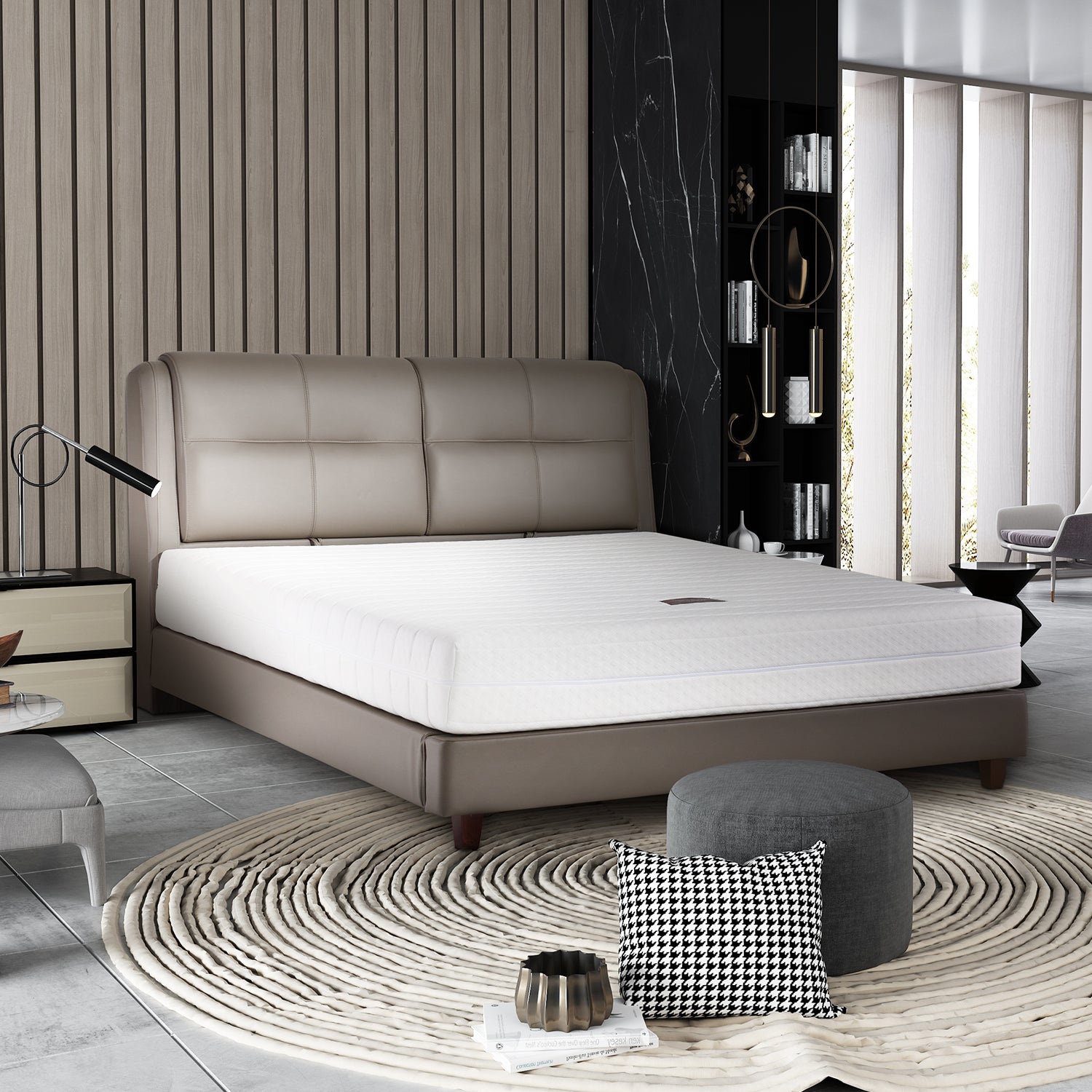 DeRUCCI Bed Frame BZZ4 - 243 with beige leather upholstery, modern minimalist design placed in a stylish bedroom with decorative items, wood paneling, and black marble wall.