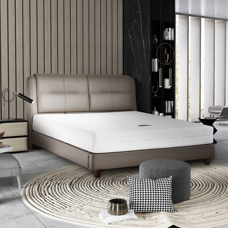 DeRUCCI Bed Frame BZZ4 - 243 with beige leather upholstery, modern minimalist design placed in a stylish bedroom with decorative items, wood paneling, and black marble wall.
