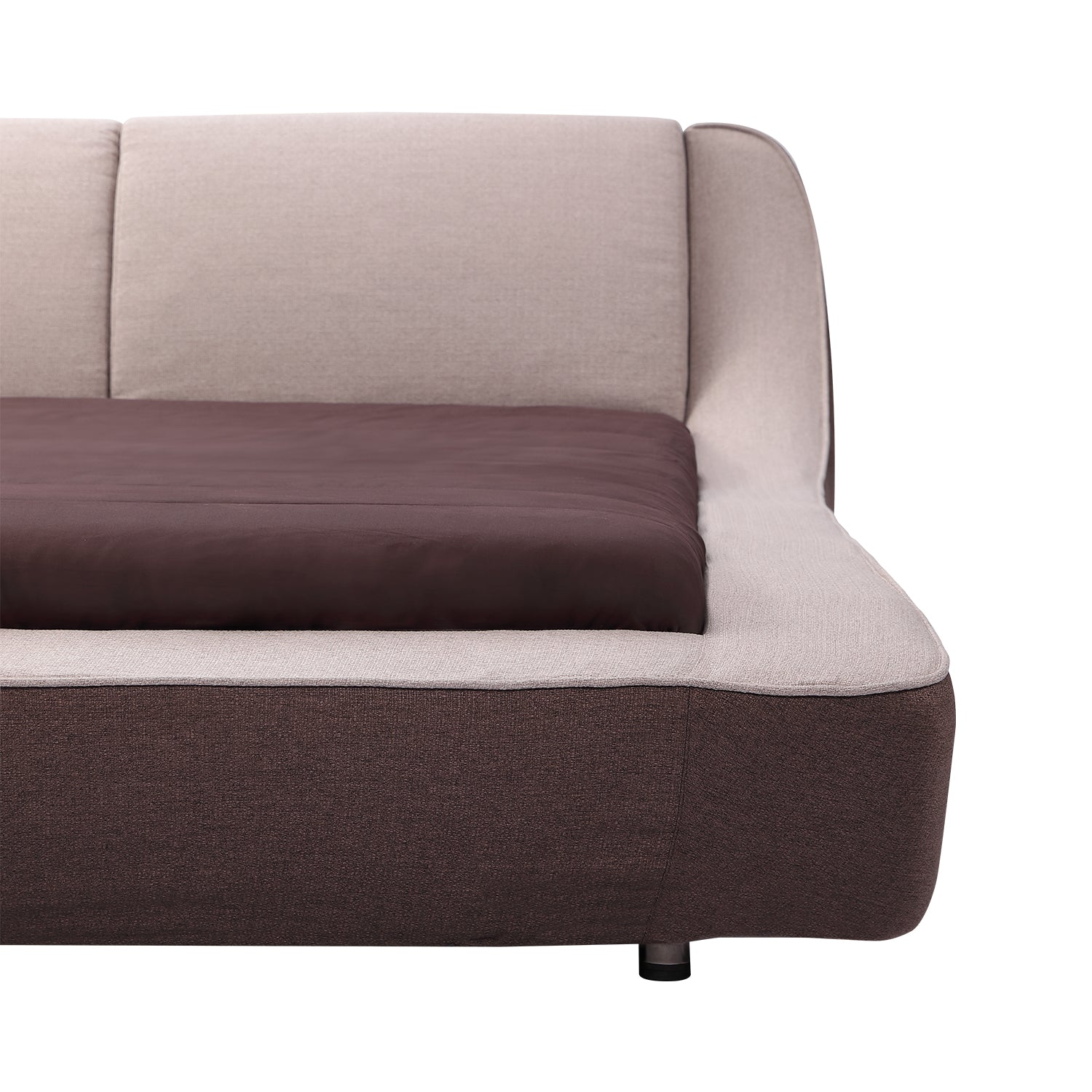 Modern DeRUCCI bed frame with light beige fabric headboard and sides, and dark brown fabric base. Stylish design focusing on comfort and quality.
