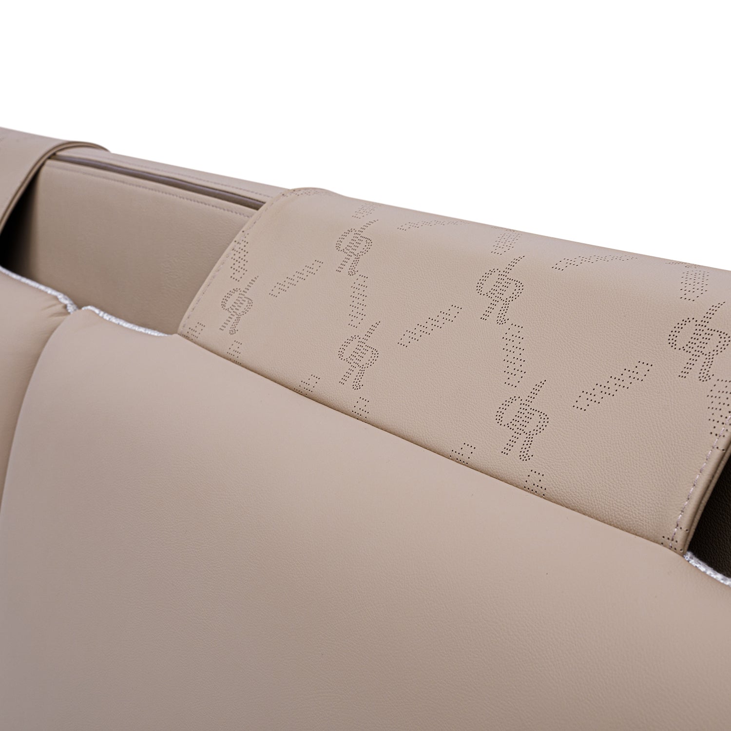 Close-up of beige leather bed frame headboard with intricate stitching and subtle pattern, designed by DeRUCCI for the BOC1 - 006 model.