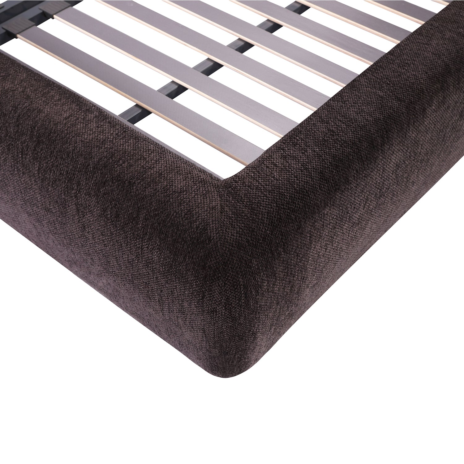 Close-up corner of DeRUCCI Bed Frame BZZ4 - 117 with thick, soft fabric-covered border and visible wooden slats for mattress support.