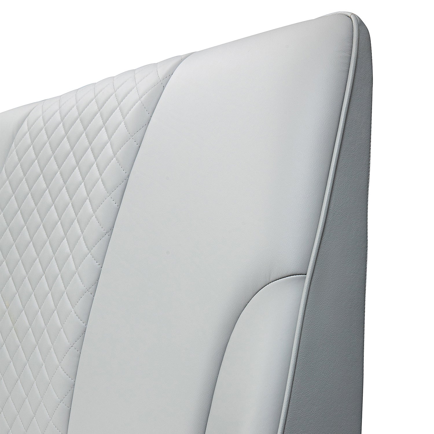 White leather bed frame headboard with quilted diamond pattern details, showcasing sleek and modern design.