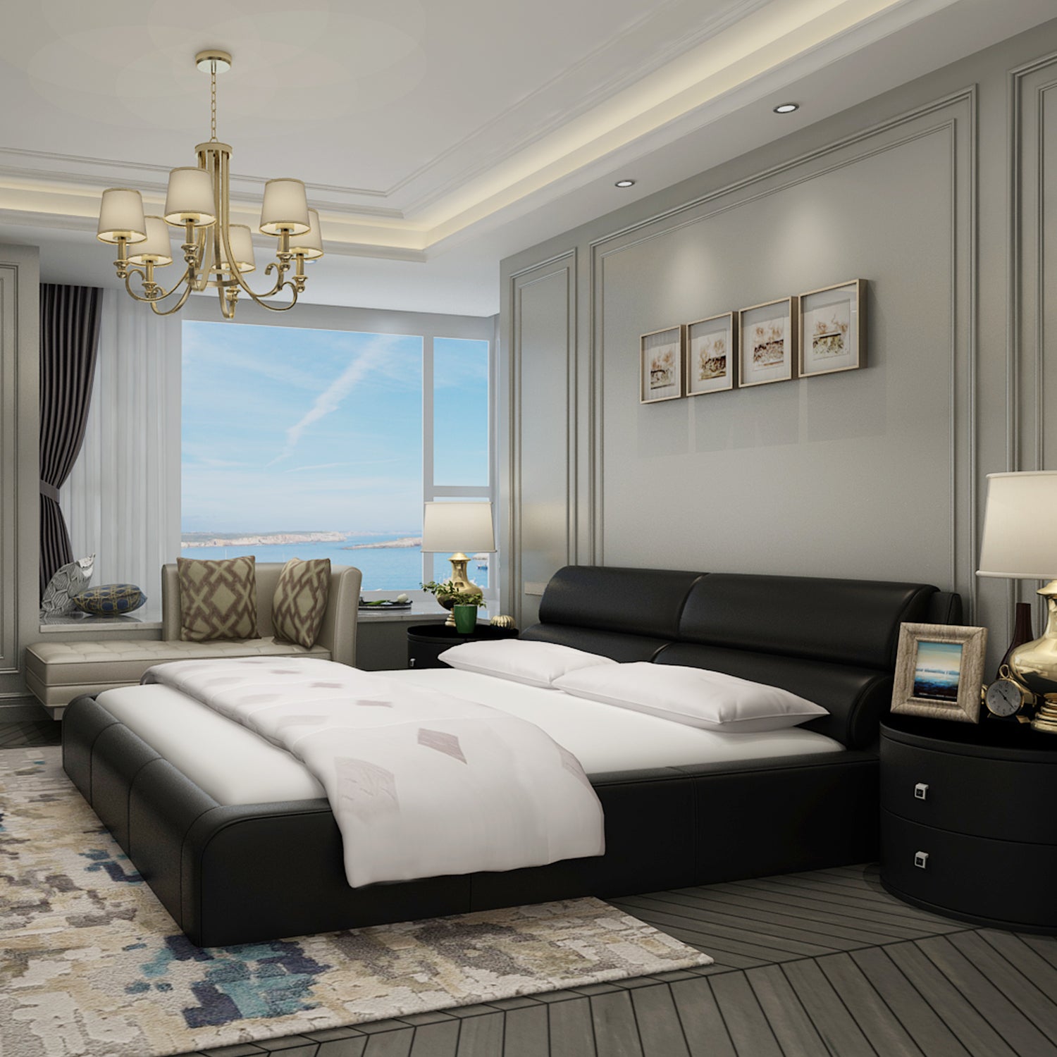 Luxurious bedroom featuring the Bed Frame BZZ4 - 038 made from premium black leather, elegant white bedding, bedside tables, lamps, and a scenic window view.