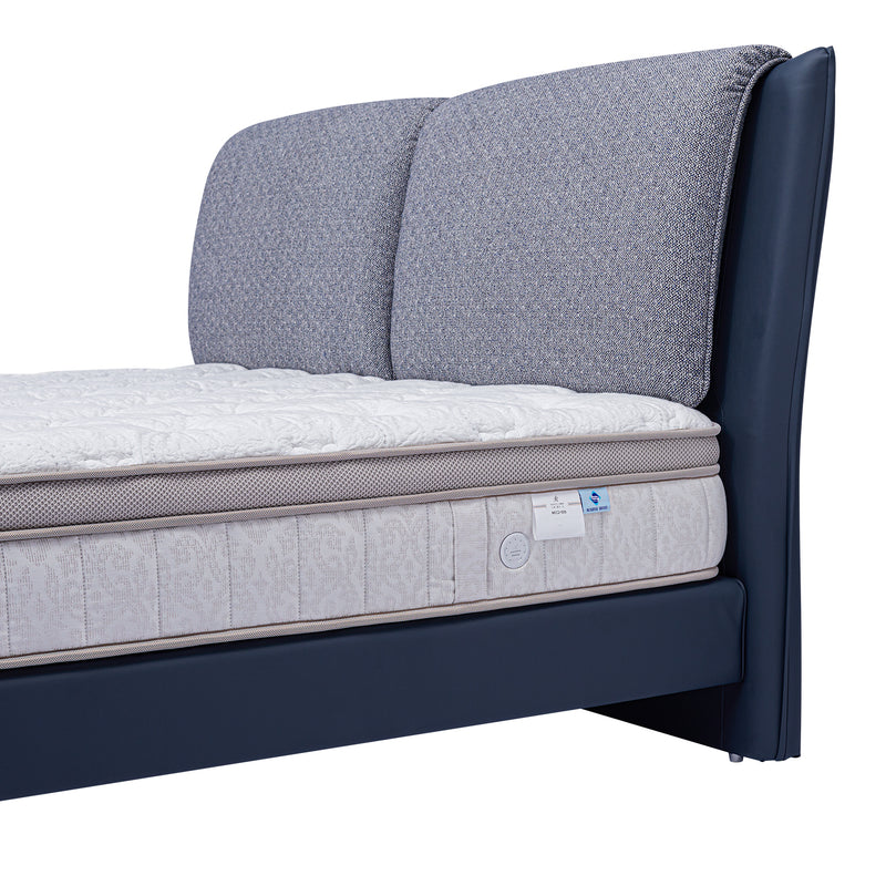 DeRUCCI dark blue base bed frame with grey upholstered headboard and white patterned mattress, Bed Frame BOC1 - 017