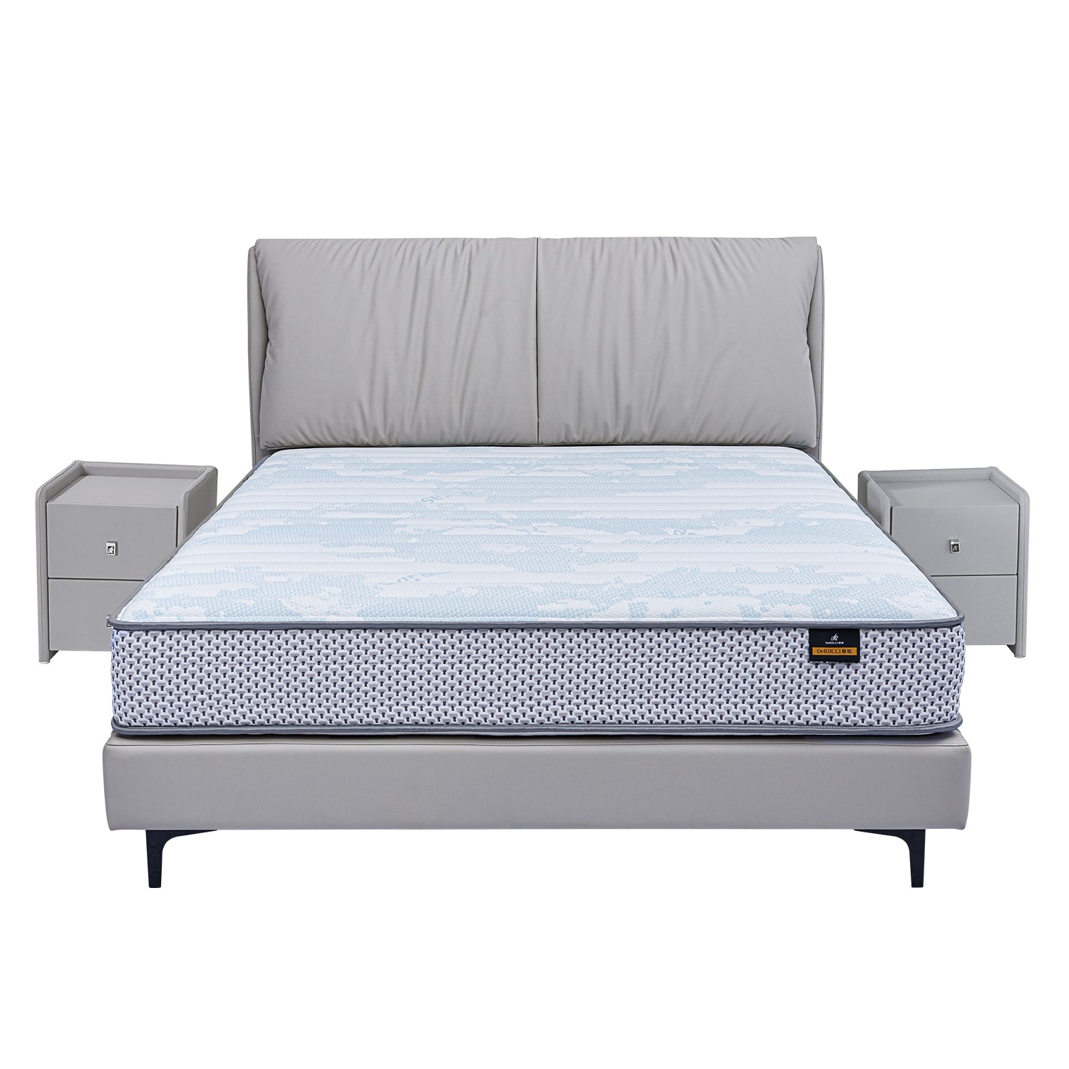 DeRUCCI Bed Frame BOC1 - 012 with a grey upholstered headboard, matching base, and two grey bedside tables for a modern bedroom look