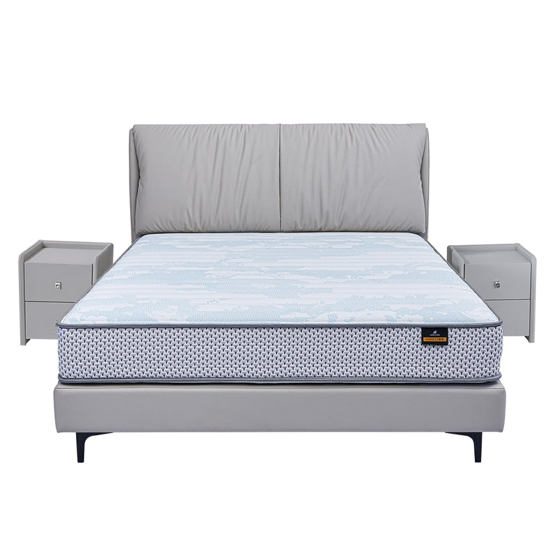 DeRUCCI Bed Frame BOC1 - 012 with a grey upholstered headboard, matching base, and two grey bedside tables for a modern bedroom look