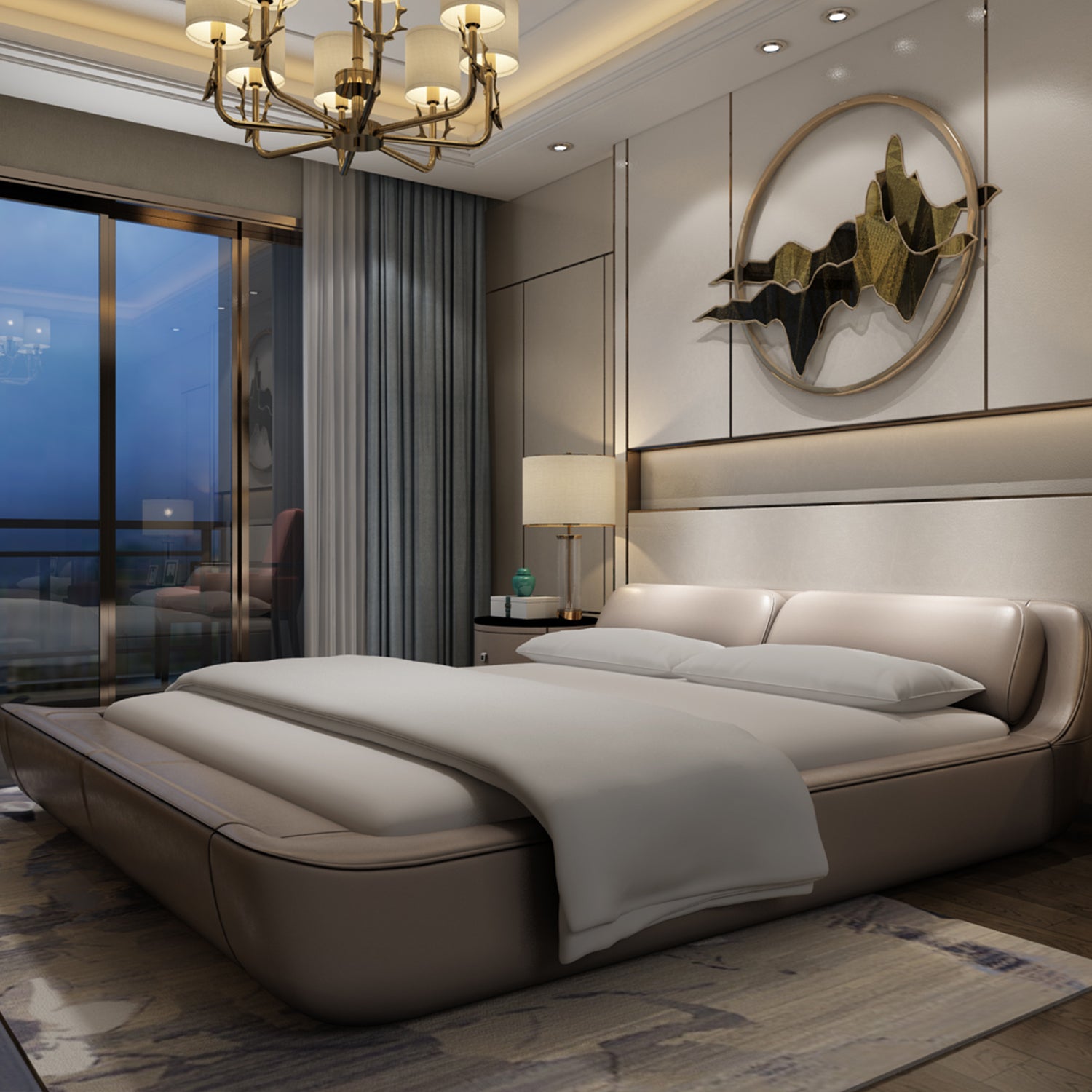 Luxurious bedroom showcasing DeRUCCI Bed Frame BZZ4 - 024, with beige leather upholstery, white bedding, abstract art on the wall, elegant chandelier, and glass sliding door to balcony.